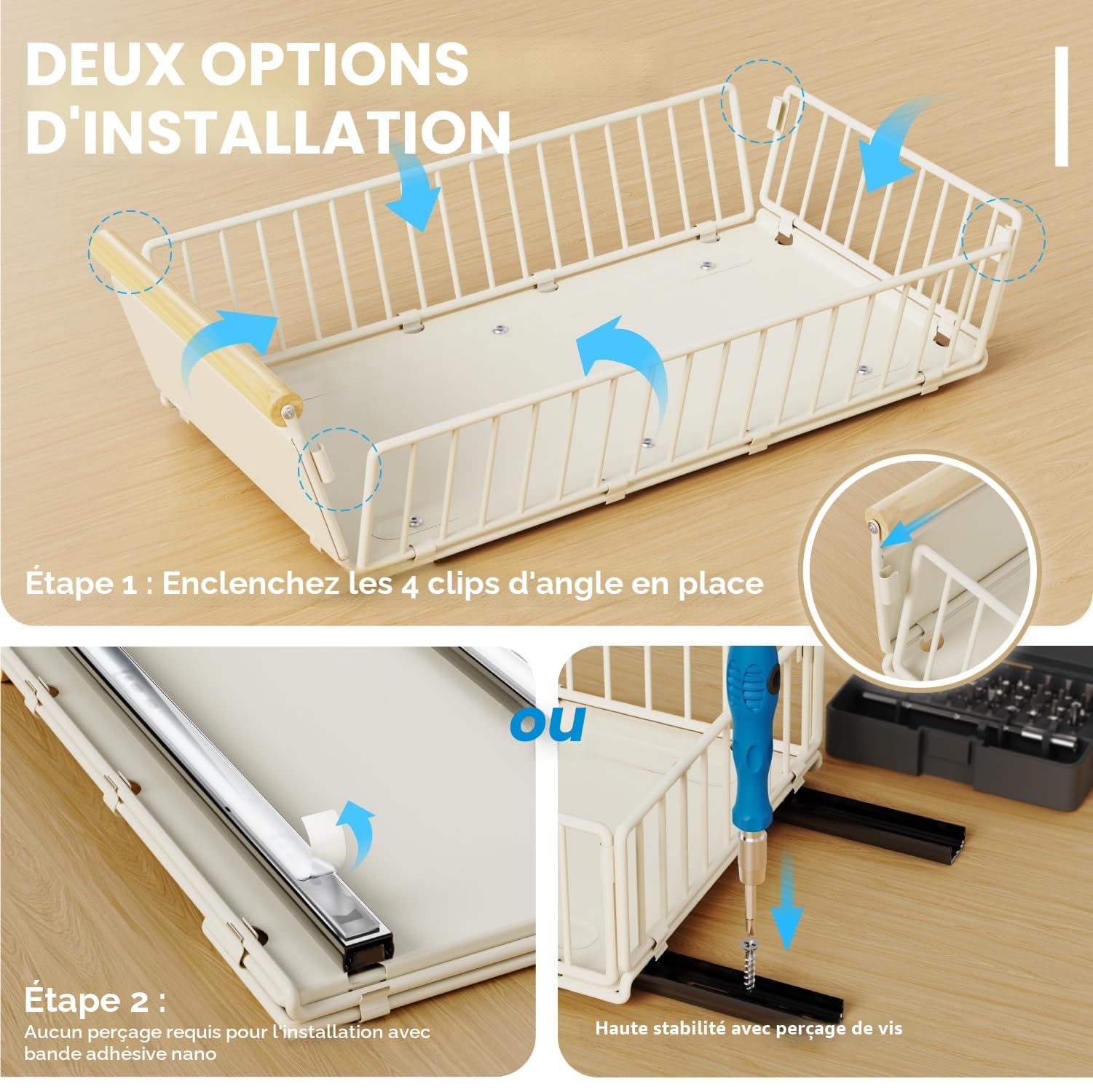 2 Pack de tiroirs coulissants pour armoires, boîte de rangement coulissante avec film adhésif Nano et vis pour la cuisine, le garde-manger ou la salle de bain, 11.82''Lx20.87''Px6.3''H