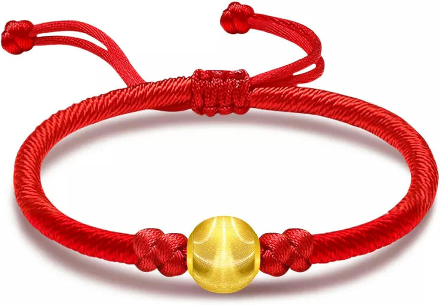 Pure Real 24K Yellow Gold Bracelet 3D Cat'eye Bead 10mm Red String Bracelet 6inL