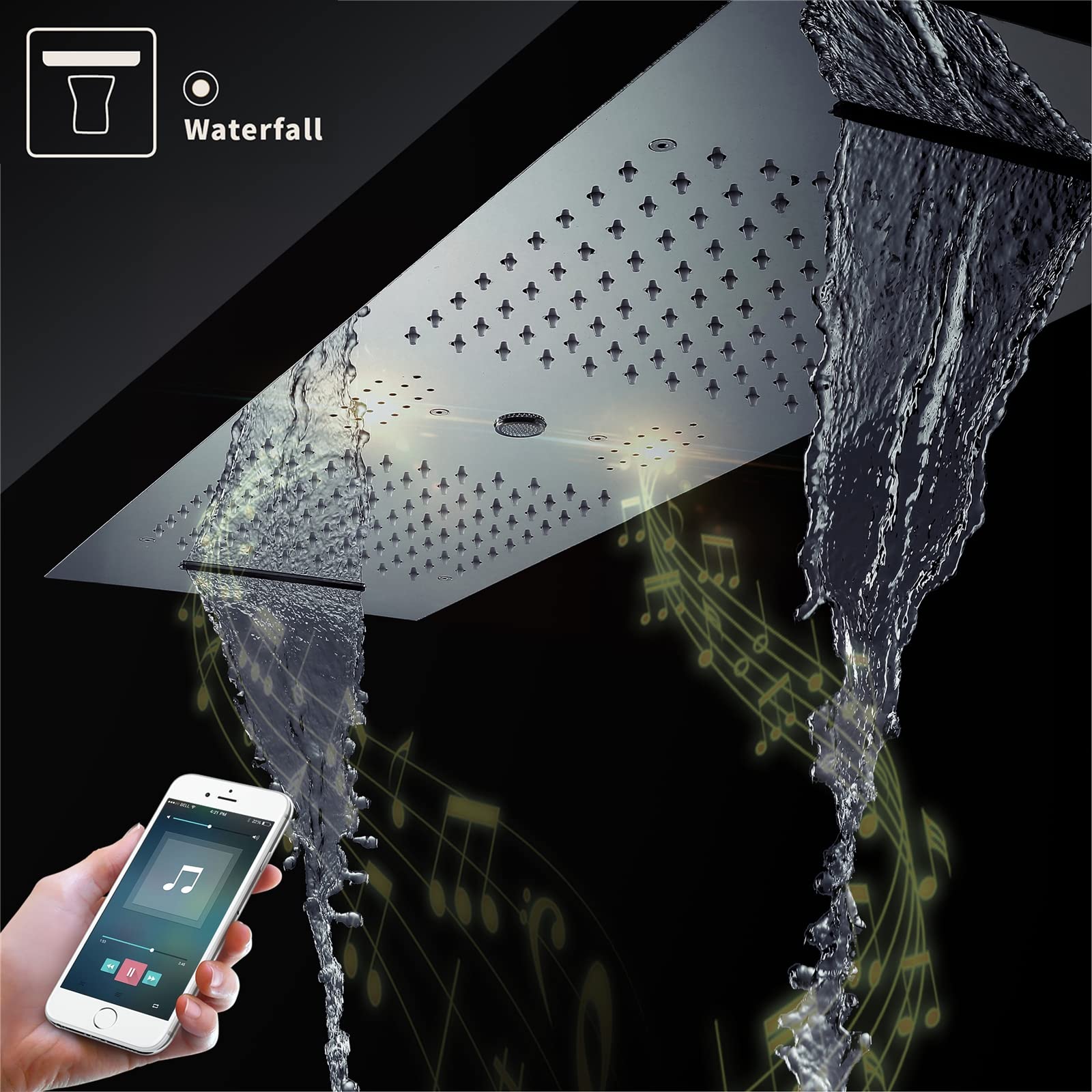LED Música Rociador Ducha 90x30cm Negro Alcachofas Fijas para Ducha 4 Funciones 64 Colores Alcachofa de Ducha Rectangular 304 Acero Inoxidable Cabezal de Ducha Lluvia,Touch Control