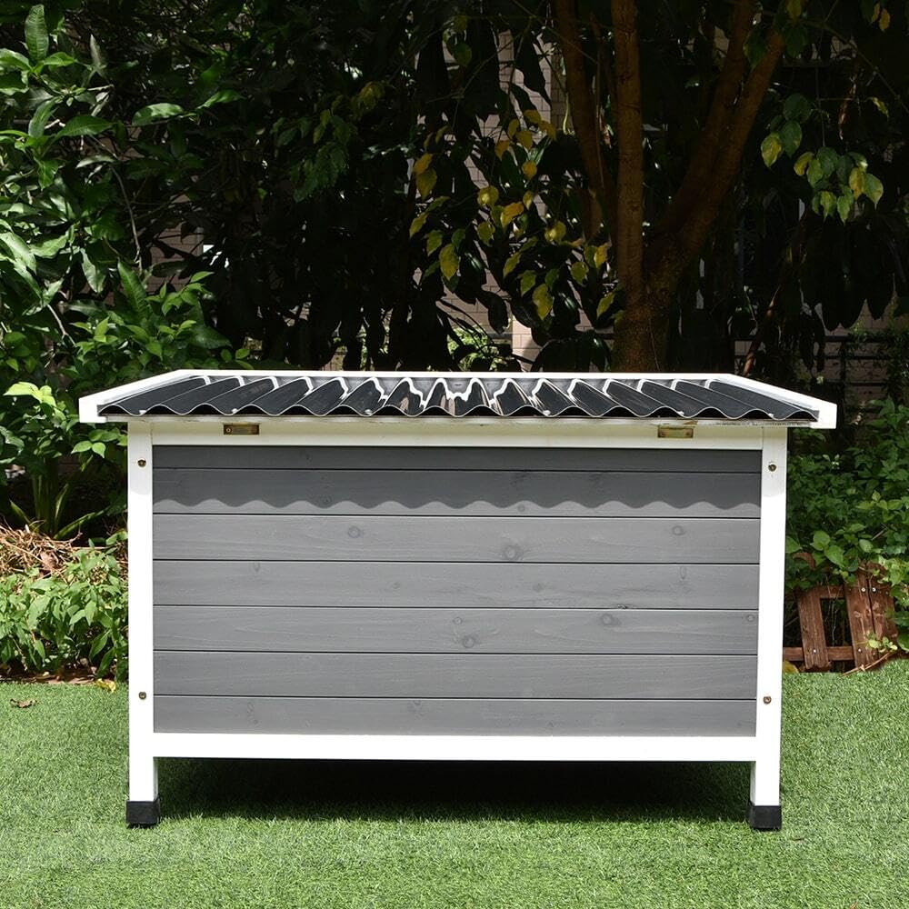 Animal Valley Niche à Chien Toit Plat, Taille L, Gris/Blanc | Bois et plastique, 116 x 82 x 79 cm, pour chiens moyens et grands