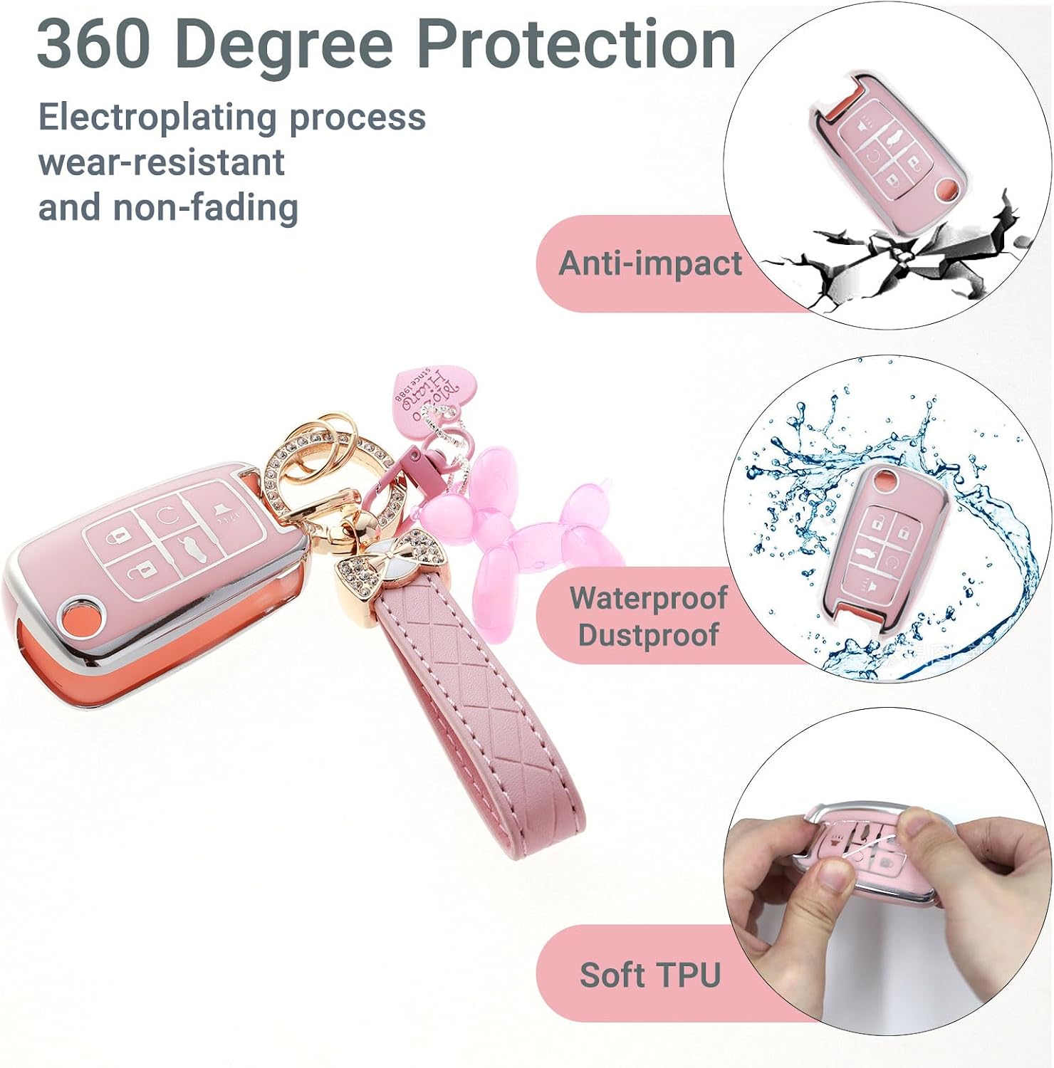for Chevy Key Fob Cover with Keychain & Balloon Dog Charm, TPU Car Case for 2010-2019 Chevrolet Buick Camaro Cruze Equinox Malibu Impala Spark Sonic GMC Women Cute Pink image 3