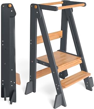 OCODILE Adjustable Foldable Toddler Tower Folding Tower for Kids | Montessori Toddler Kitchen Step Stool Helper for Independence - Gray