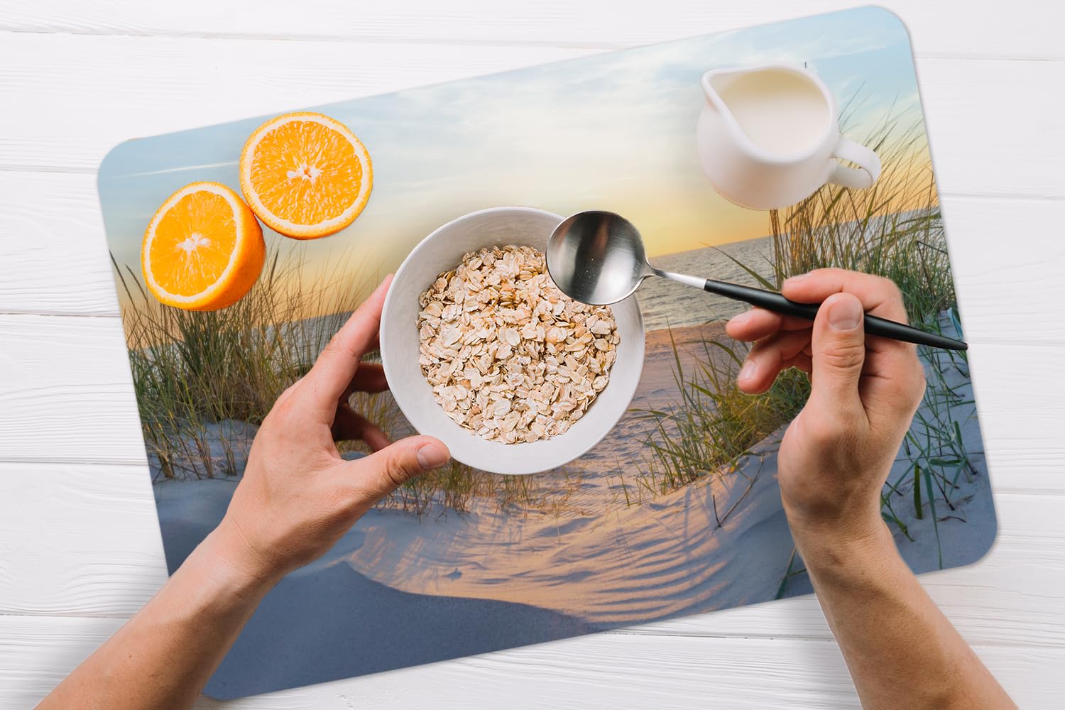 KitchenYeah© Platzsets Abwaschbare Placemats Set 6 45x30 cm Tischsets Platzdeckchen Platzset Tischset Esstisch Telleruntersetzer Waschbar Strand - Sonne - Düne - Gras - Sand - Horizont