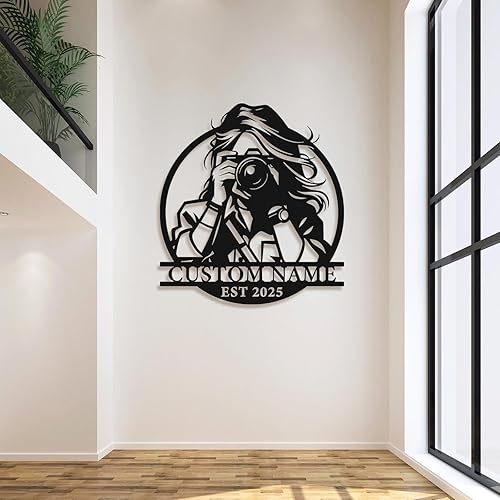 Miniatura 4 de Letrero de metal personalizado para fotógrafo, arte de pared de hierro para cámara y niña con cámara, decoración única con temática de fotografía