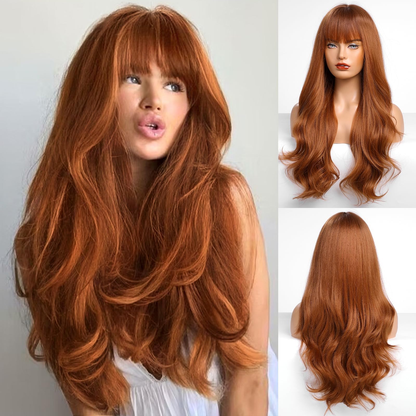 HAIRCUBE Auburn Wig with Bangs for Women Auburn Long Wavy Hair Wig Curly Wavy Synthetic Wigs for Girls Daily Party Use 26Inch