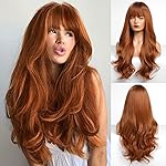 HAIRCUBE Auburn Wig with Bangs for Women Auburn Long Wavy Hair Wig Curly Wavy Synthetic Wigs for Girls Daily Party Use 26Inch