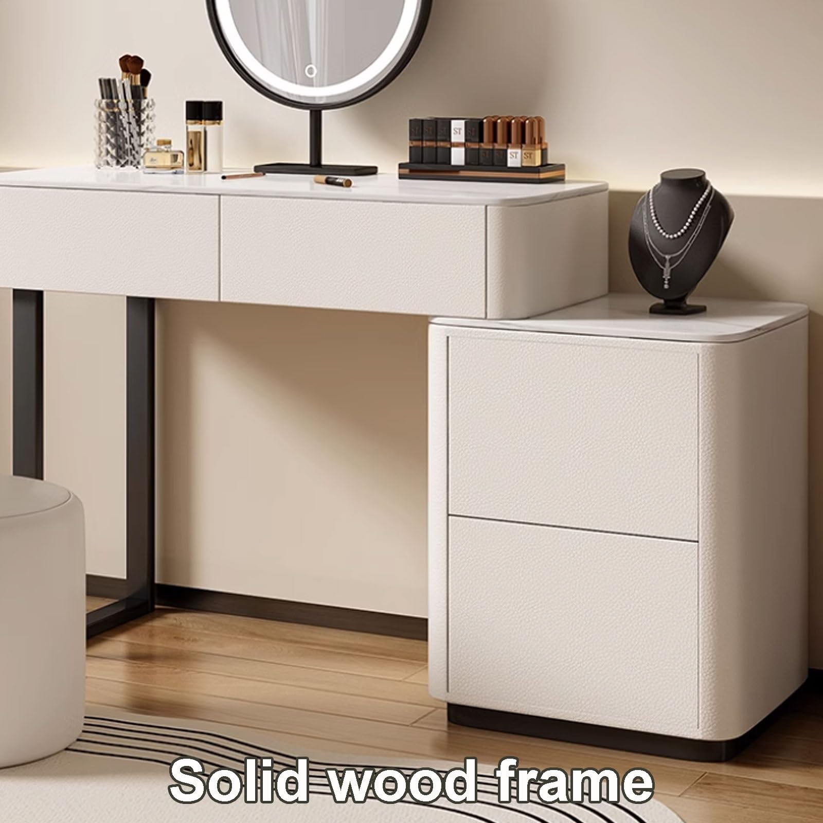 Tavolo da Trucco Illuminato con Specchio e Contenitore, Design in Ardesia Bianca e Legno massello, 80 x 40 x 76 cm (Sedia Non Inclusa) - Perfetto per Gli Amanti della Bel