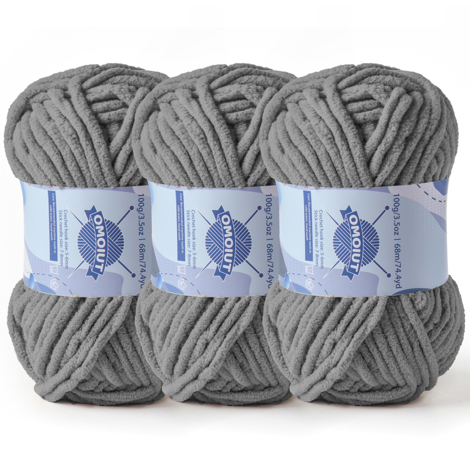 3 Pack Chunky Chenille Yarn for Crocheting, Baby Yarn for Crocheting Soft Blankets, Bulky Yarns for Crochet Amigurumi, 300g (223yds) Fluffy Velvet Yarns for Hand Knitting (3 Dark Gray)