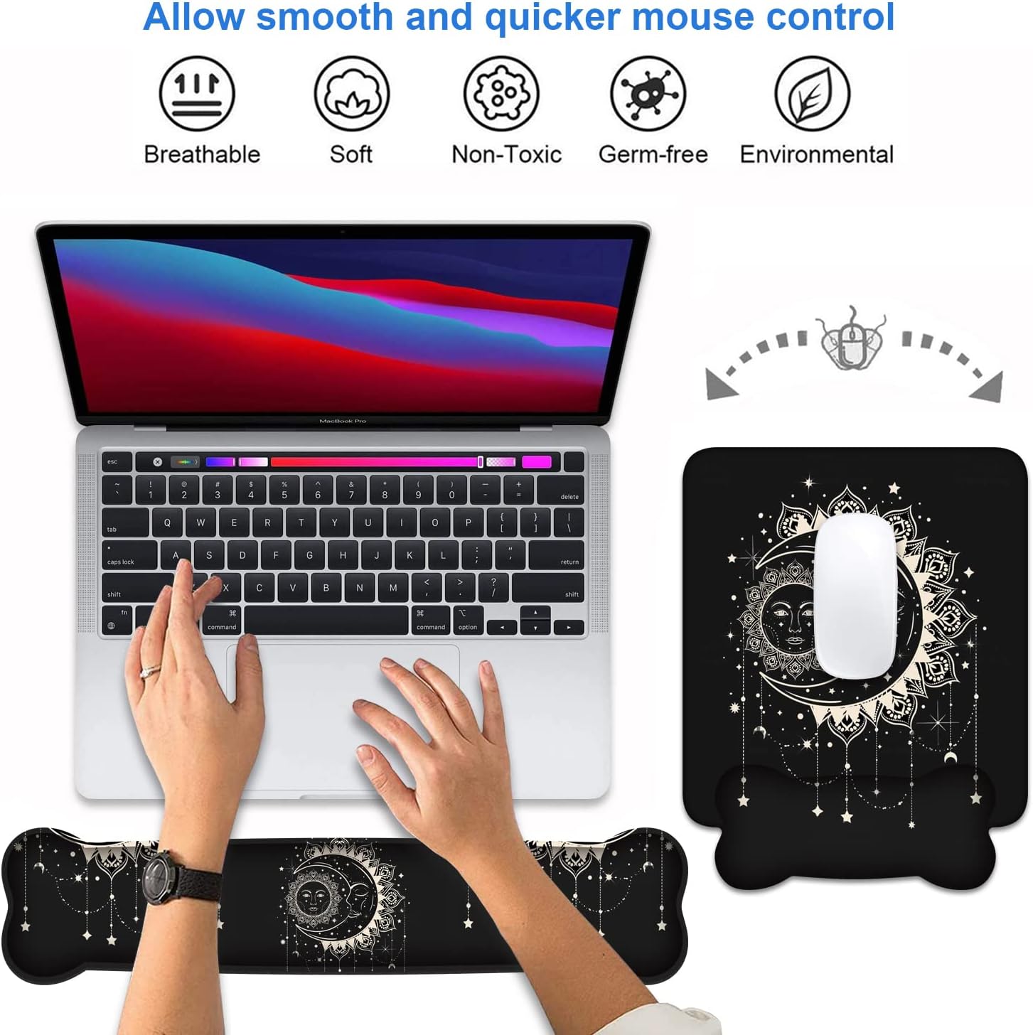 Wrist Rest Support Ergonomic Gel Mouse Pad and Memory Foam Keyboard Set, Non-Slip Rubber PU Base for Home Office Working Studying Easy Typing & Pain Relief, Celestial Theme Sun with Crescent Moon