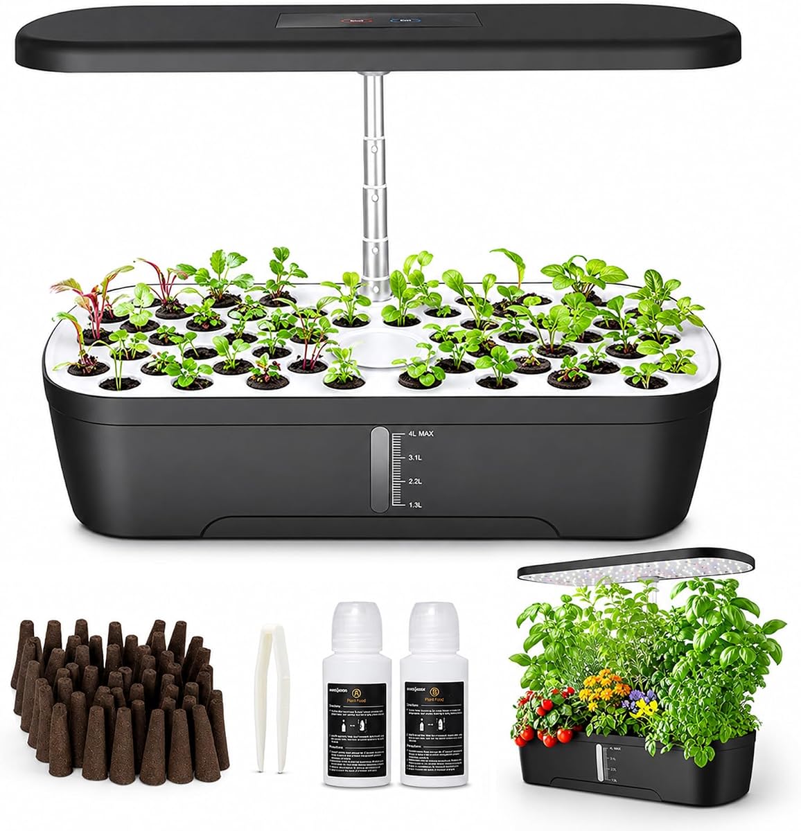 Sistema de cultivo hidropónico inteligente de 52 cápsulas Jardín de hierbas para interiores con temporizador automático | Luz de cultivo de espectro completo de 24 W, tanque de agua de 4 L, bomba silenciosa, altura ajustable, ideal para hierbas y verduras en la cocina y la oficina