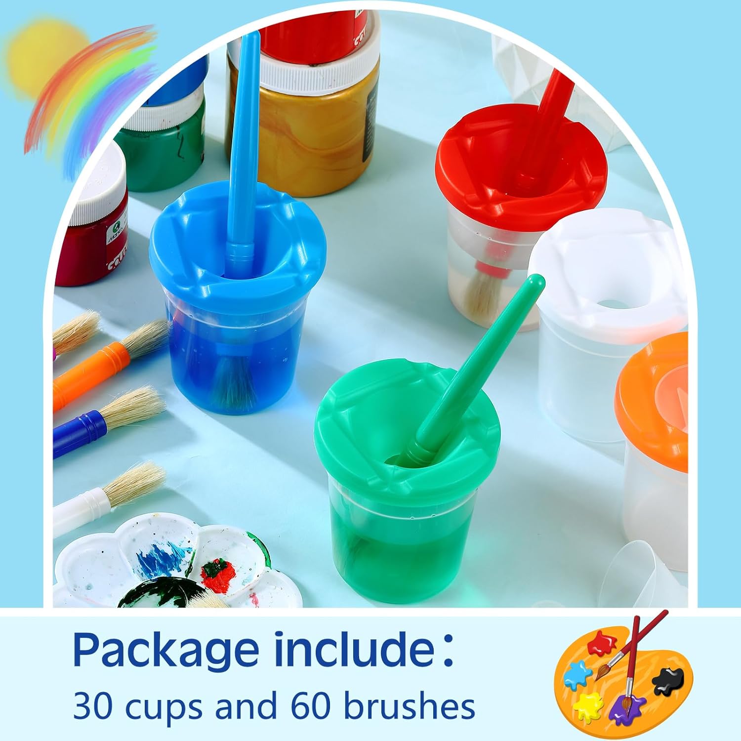 Gueevin 30 Pcs No Spill Paint Cups with Lids for Kids Toddler Children and Paint Brushes for Kids Painting Art Supplies Preschool Classroom Christmas, 10 Colors (Multicolor)
