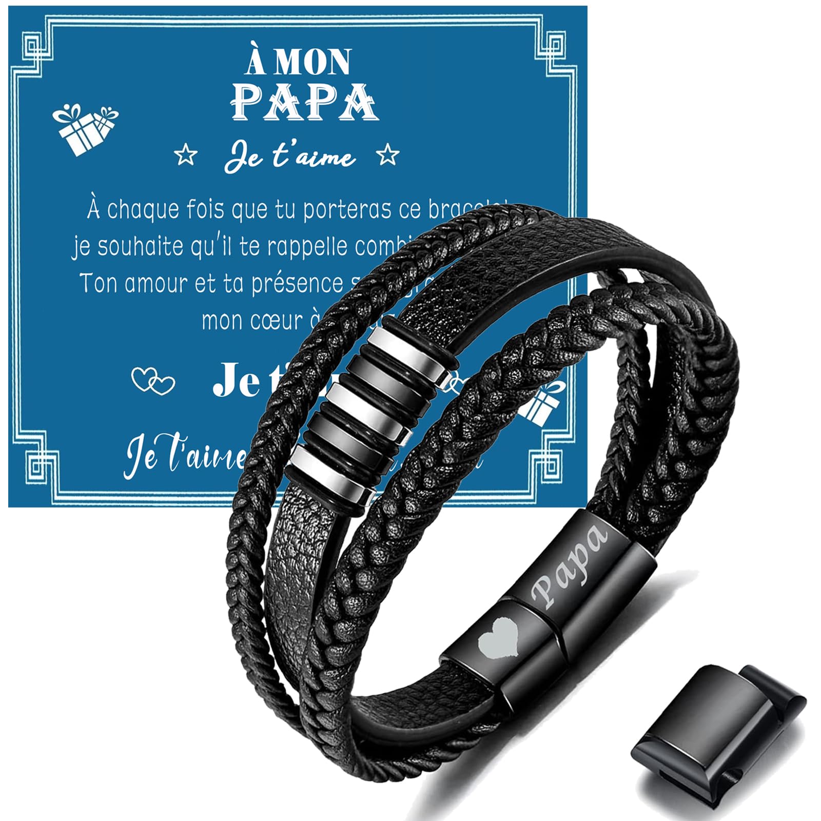 Bracelet Cuir Homme Gravé 'Papa Je T'aime' - Cadeau Fête Des Pères Personnalisé, Anniversaire Ou Noël