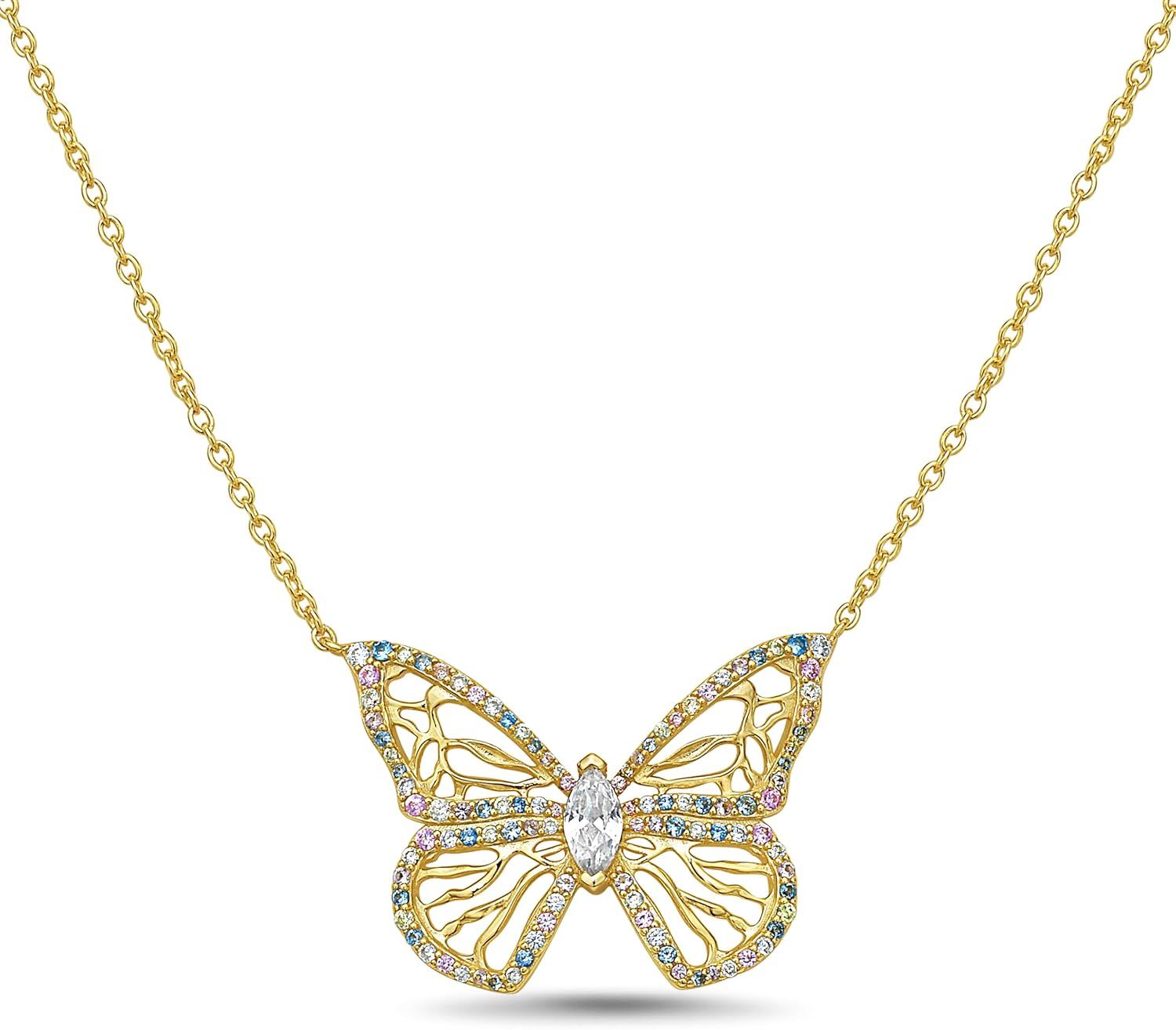 14K Gold Plated Sterling Silver Butterfly Pendant - Elegant 925 Silver Necklace with Sparkling Zircon Stones, Beautiful Jewelry for Women