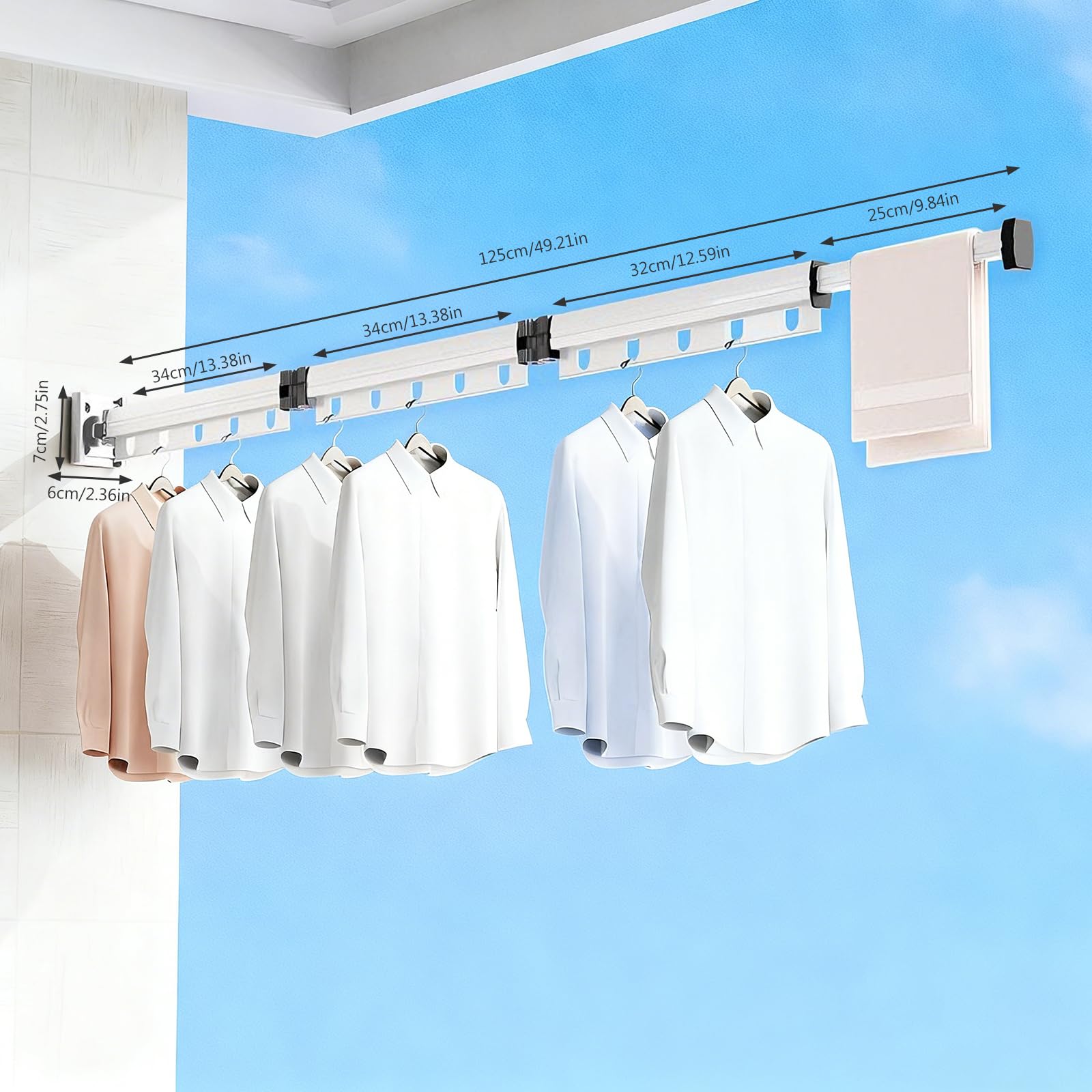 Longzhuo Séchoir à Linge Mural Pliable en 3 Parties, 125cm Étendoir à Linge Retractable Interieur, Tringle à Vêtements Extensible Peu pour Balcon, Buanderie, Salle de Bain, Caravane Extérieure(Blanc)