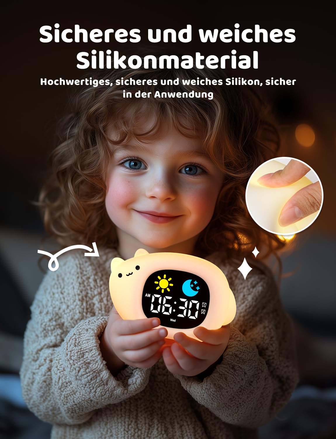 YISSVIC Lernwecker für Kinder, Tag und Nacht, 2 Alarme, 3 Weckzeiten, 12/24 Stunden, Snooze, 10 Lieder, Helligkeit des Displays, verstellbar, Lichtwecker, 7 Farben, automatische Abschaltung in