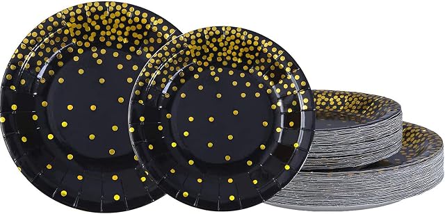 Bocotoer Dinnerware Plates Disposable Paper Plates Gold Foil Dot 7 Inch 9 Inch for Party Graduation Black Pack of 60