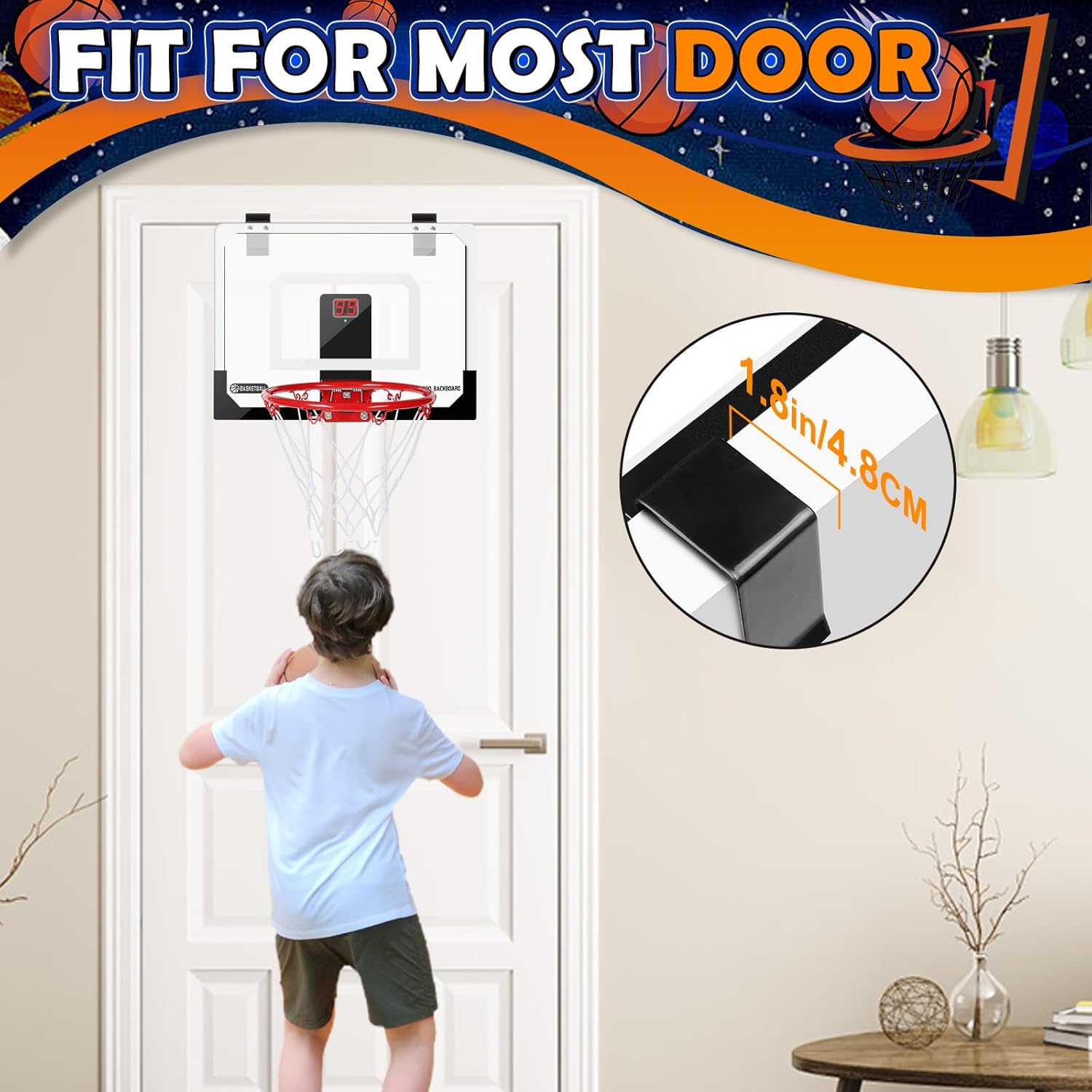 Mini Basketball Hoop Set for Kids Adults, Indoor Play Wall Mount Basketball Hoop for Door with 4 Small Replacement Toddler Basketballs, ABS Backboard Metal Rim Goal Sport Gifts for Pool Game Fun
