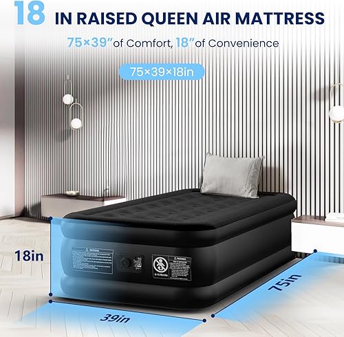 Miniatura 7 de Colchón de aire individual con bomba integrada, soporte resistente de 600 libras, PVC de 3 capas probado por fugas de 48 horas, inflado rápido de 2