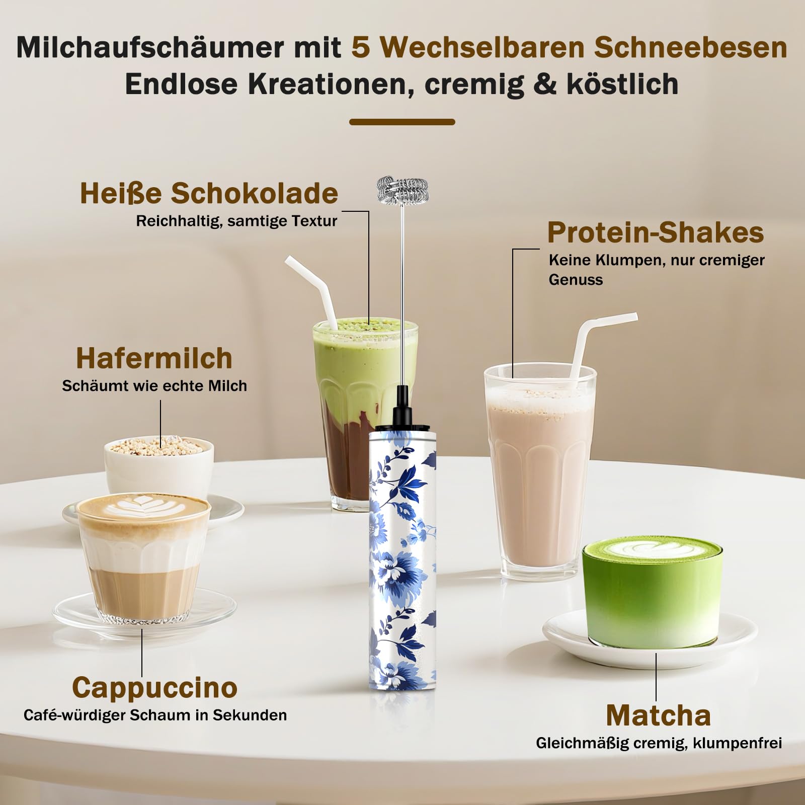 Mousseur à lait électrique USB-C avec 5 fouets interchangeables en acier inoxydable – 2 vitesses réglables (11 000/13 000 tr/min), mousseur étanche pour café, latte, cappuccino, matcha (20)