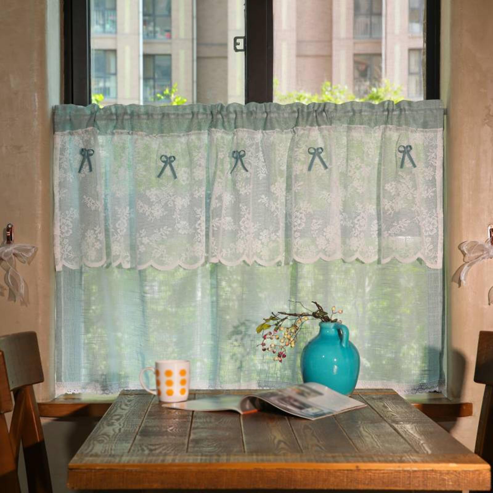 1 Panel Small Kitchen Curtain, Lace Decorative Bathroom Shower Curtain with Rod Pocket Install Sheer Half Curtain for Bathroom, Kitchen, Bedroom (Color : Green, Size : 140x110cm/55x43in)