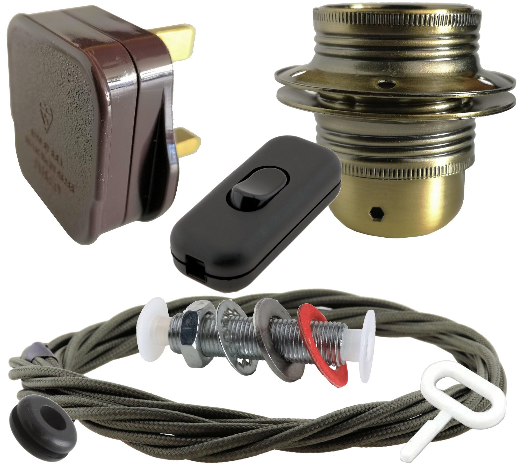 Art Deco Emporium Lamp Repair and Service Kit|Brown Plug|Khaki Green Flex|Black Switch|E27 Antique Brass Finish Lamp Holder Holder