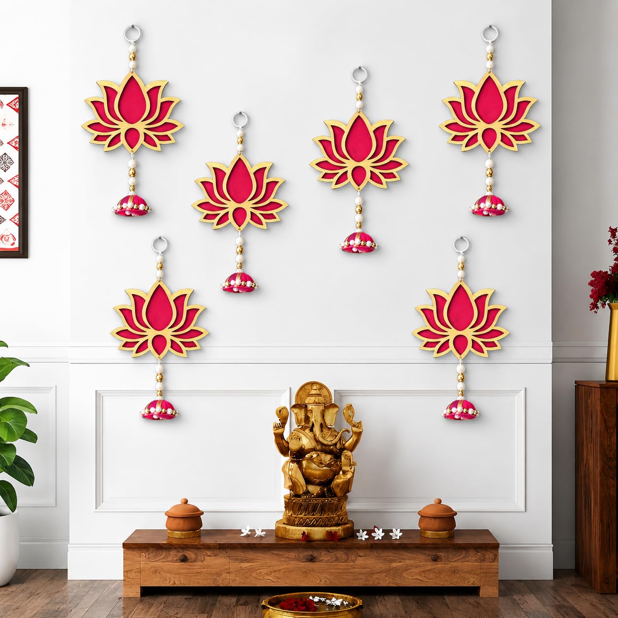 PANCA Lotus Wall Hanging with Jhumki - Set of 6 | Pink/Raani Artificial Flowers Bunch | Decorative Wall Hanging for Pooja Room, Mandir, Door, Varalakshmi & Diwali Festival Home Décor-image-12