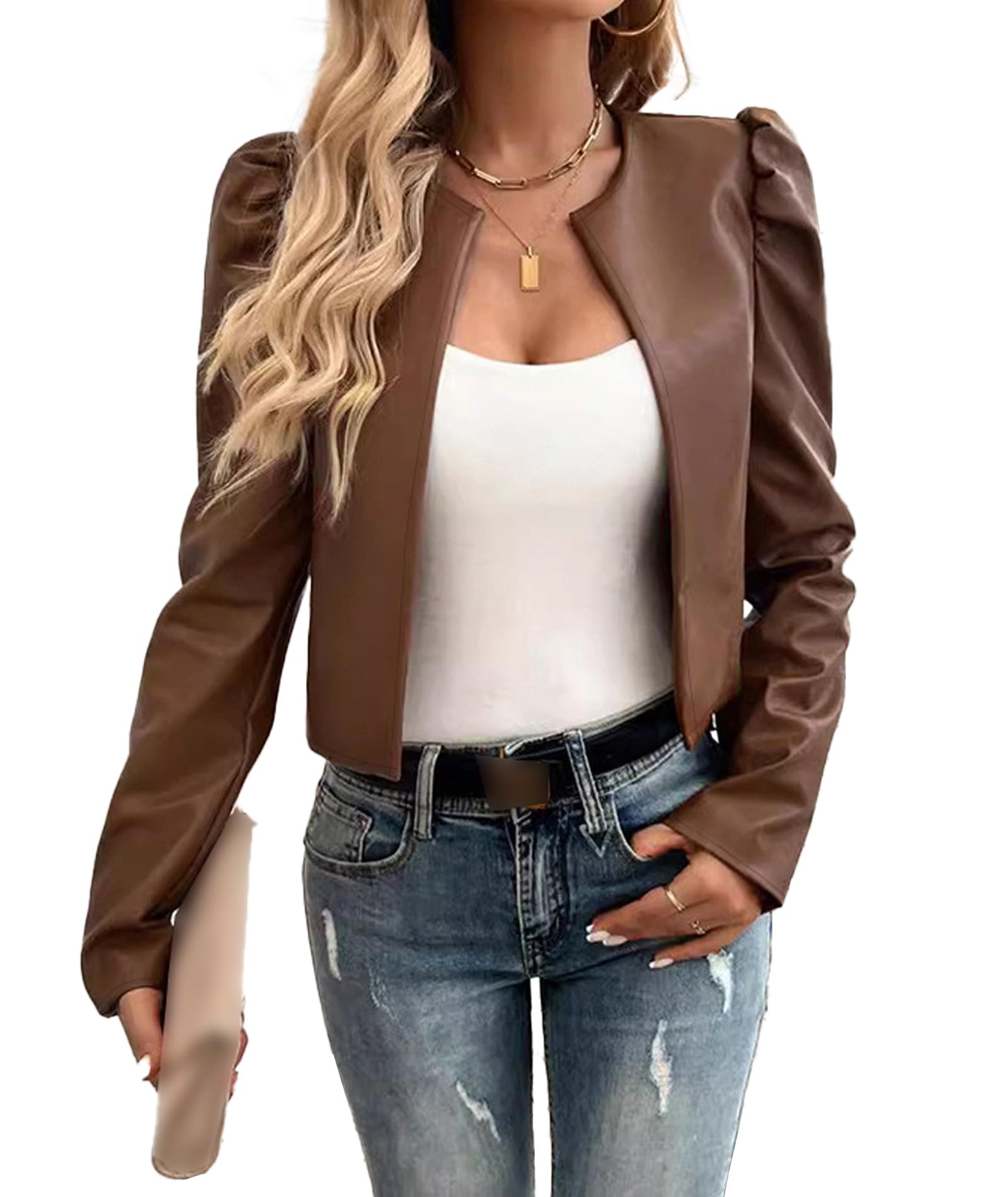 SEMATOMALA Womens Puff Sleeve Cropped Jacket Faux Leather Bolero Blazer Long Sleeve Open Front PU Cardigan