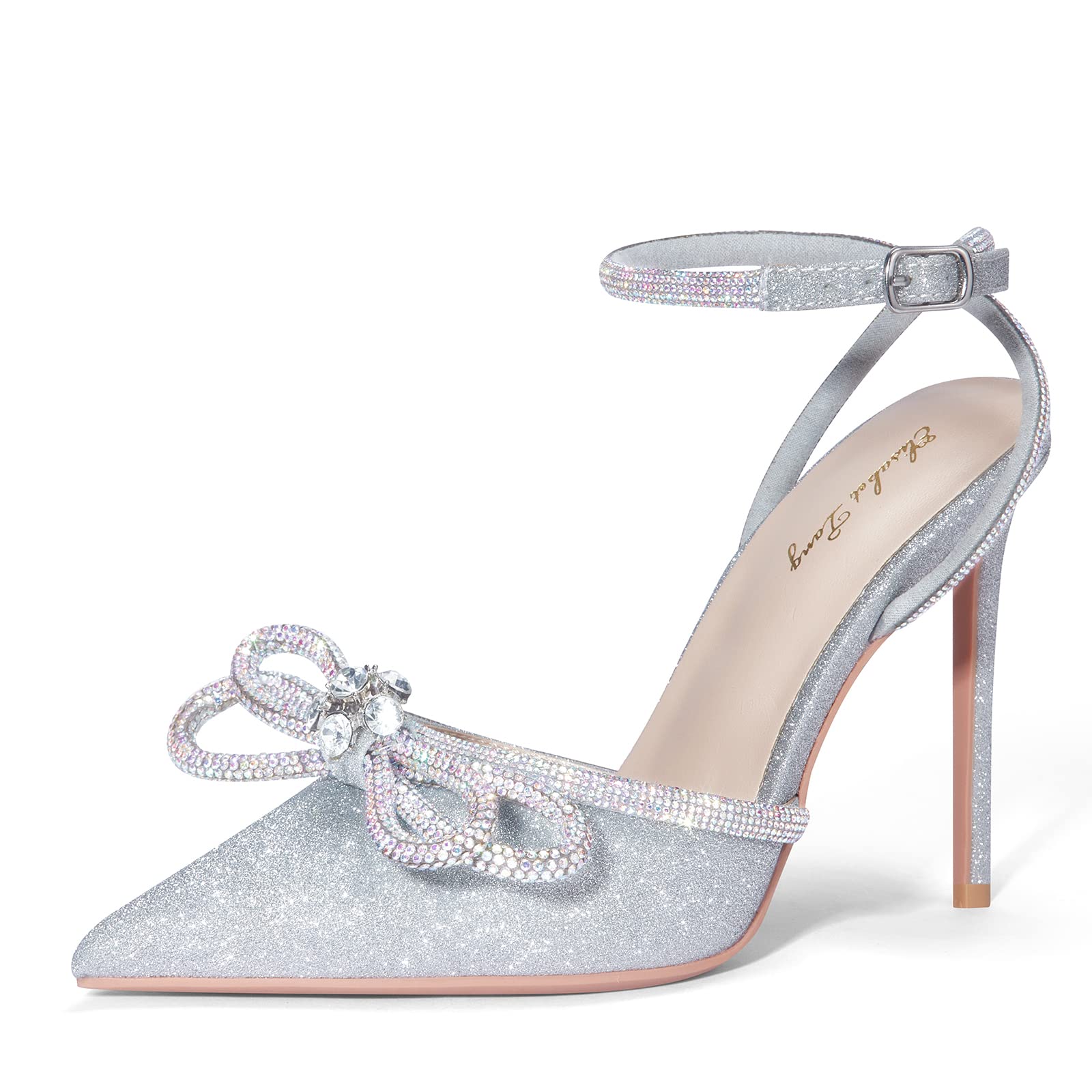 Zhabtuc Scarpe col Tacco Alto da Donna, Sandali con Lacci e Fiocco in Raso e Strass, Punta affilata, Cinturini con Fibbia alla Caviglia