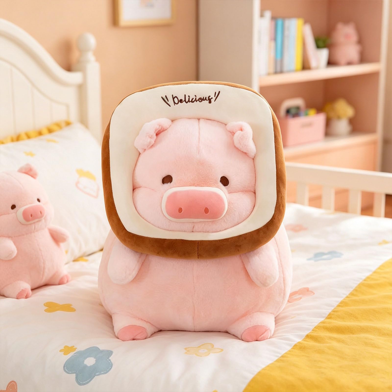 Rundes Toast Schwein Plüschtier, 30/35/45cm rosa Schwein Kuscheltier mit abnehmbarem Brotkranz und Delicious Stickerei, lustiges Ferkel Stofftier für Kinder, als Dekokissen und Geschenk (45 cm)