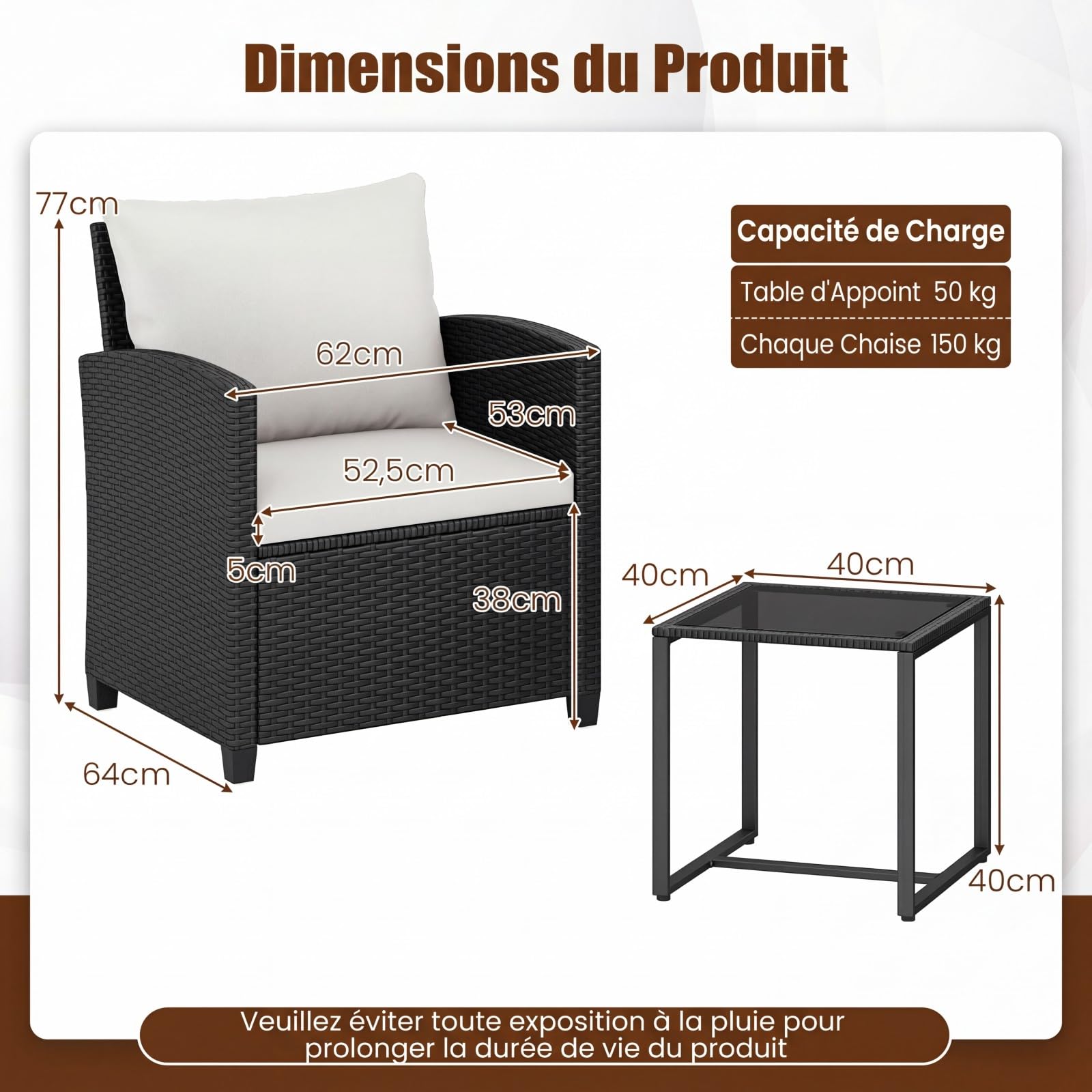 COSTWAY Ensemble Salon de Jardin 2 Personnes en Rotin PE, Mobilier d'Extérieur avec 2 Fauteuils Table Basse Plateau en Verre Trempé Coussins Amovibles, pour Terrasse Jardin (Noir+Beige)