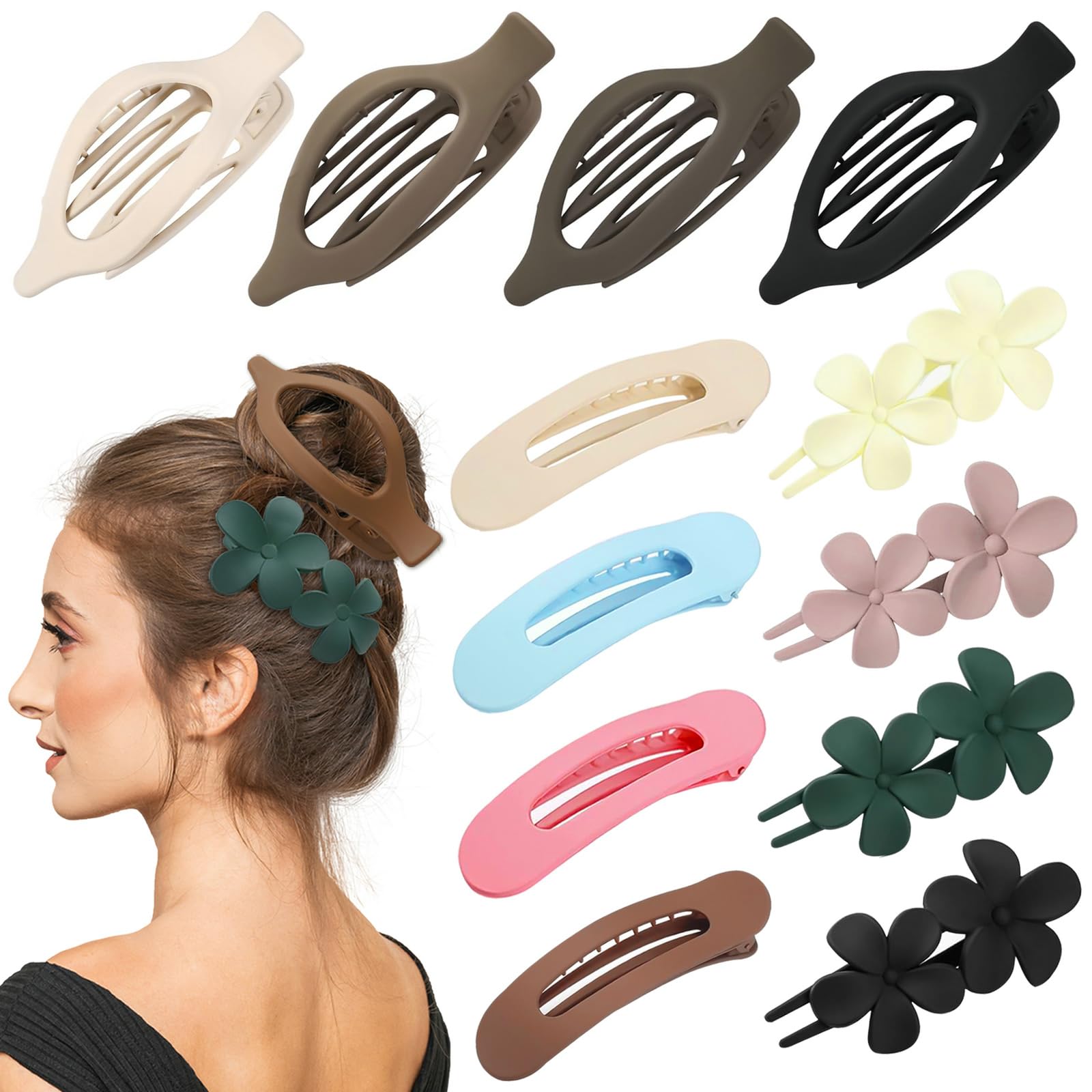 Photo 1 of 12 Pcs Multicolor Flat Hair Clips, YINGFENG Flat Claw Clip for Women, Matte Non-Slip Flower Claw Clips for Thin Thick Hair, Suitable for Women and Girls Wedding Party Accessories