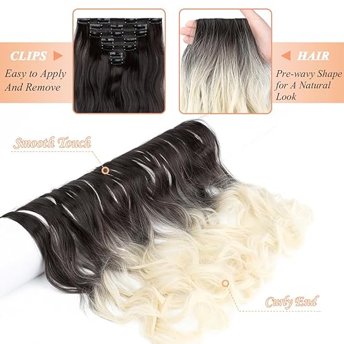 Miniatura 4 de Yekartary Extensiones de cabello con pinzas, 7 piezas de 24 pulgadas, onduladas, rizadas, extensiones sintéticas de trama gruesa, para mujer, color
