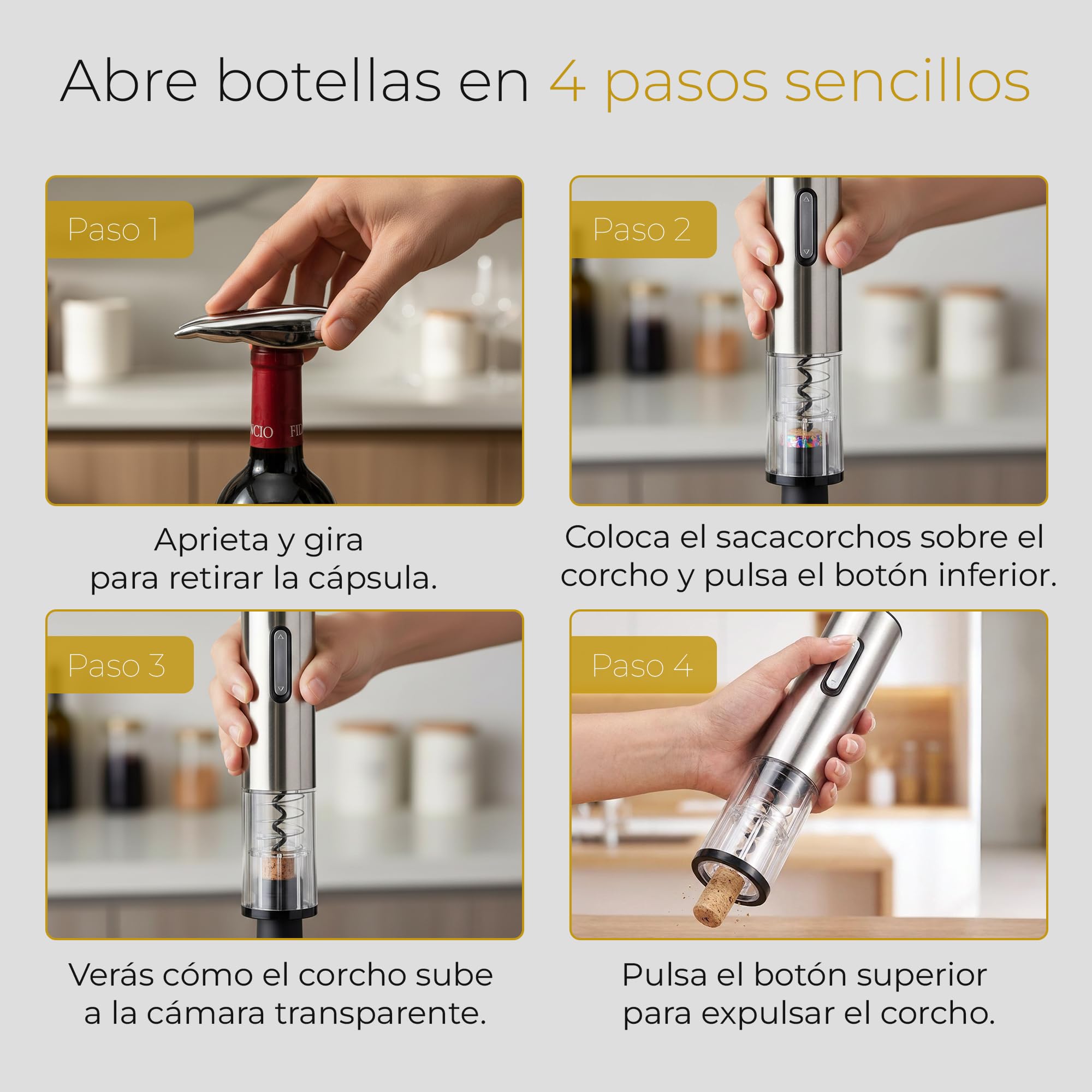 Sacacorchos Eléctrico Recargable para Vino con Cortacápsulas, Tapón de Vacío y Anillo Antigoteo, Set Abridor en Caja Regalo