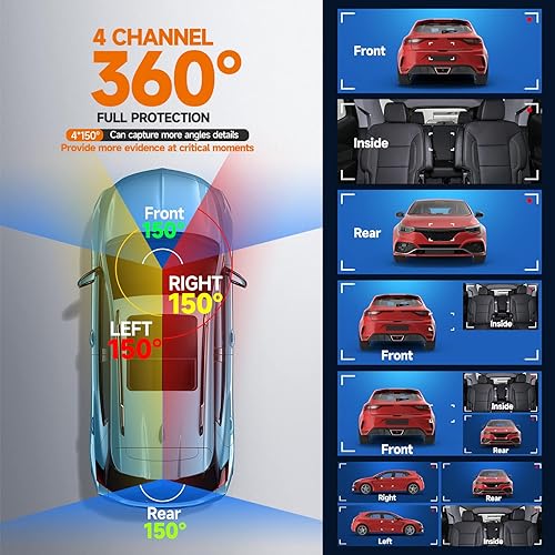 Miniatura 5 de Cámara de tablero de 360 frontal y trasera, 4 canales FHD 4 x 1080P, control de voz, filtro CPL, cámara de automóvil con WiFi, cámara frontal