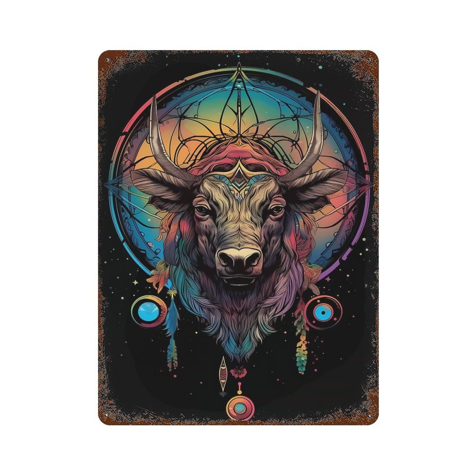 Dreamcatcher Mandala Bull Rusty Metal Tin Sign 15.7"x11.8", for Patio, Garden Room And Bar Decor, Old School Wall Decor