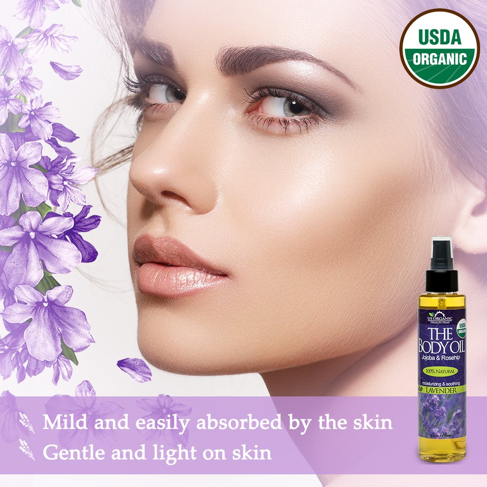 US Organic Body Oil - Romantic Sexy - Jojoba and Argan Oil with Vitamin E, USDA Certified Organic, No Alcohol, Paraben, Artificial Detergents, Color or Synthetic perfume (Bulgarian Rose): Lavender