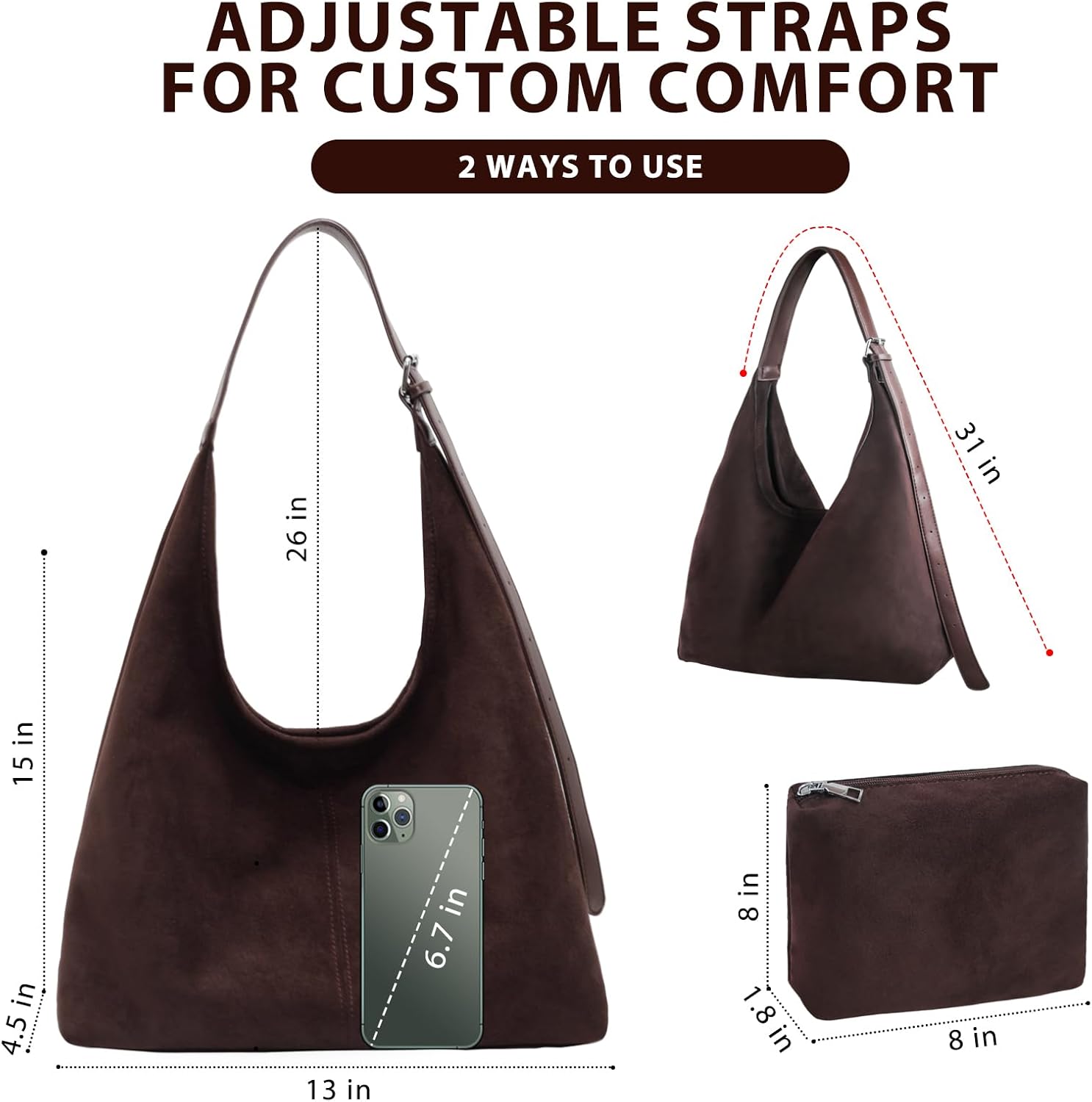 2PCS Brown Suede Bags for Women - Trendy Adjustable Strap Hobo Tote Shoulder Handbag, Fall Winter Faux Suede Purse with Pouch - Image 4