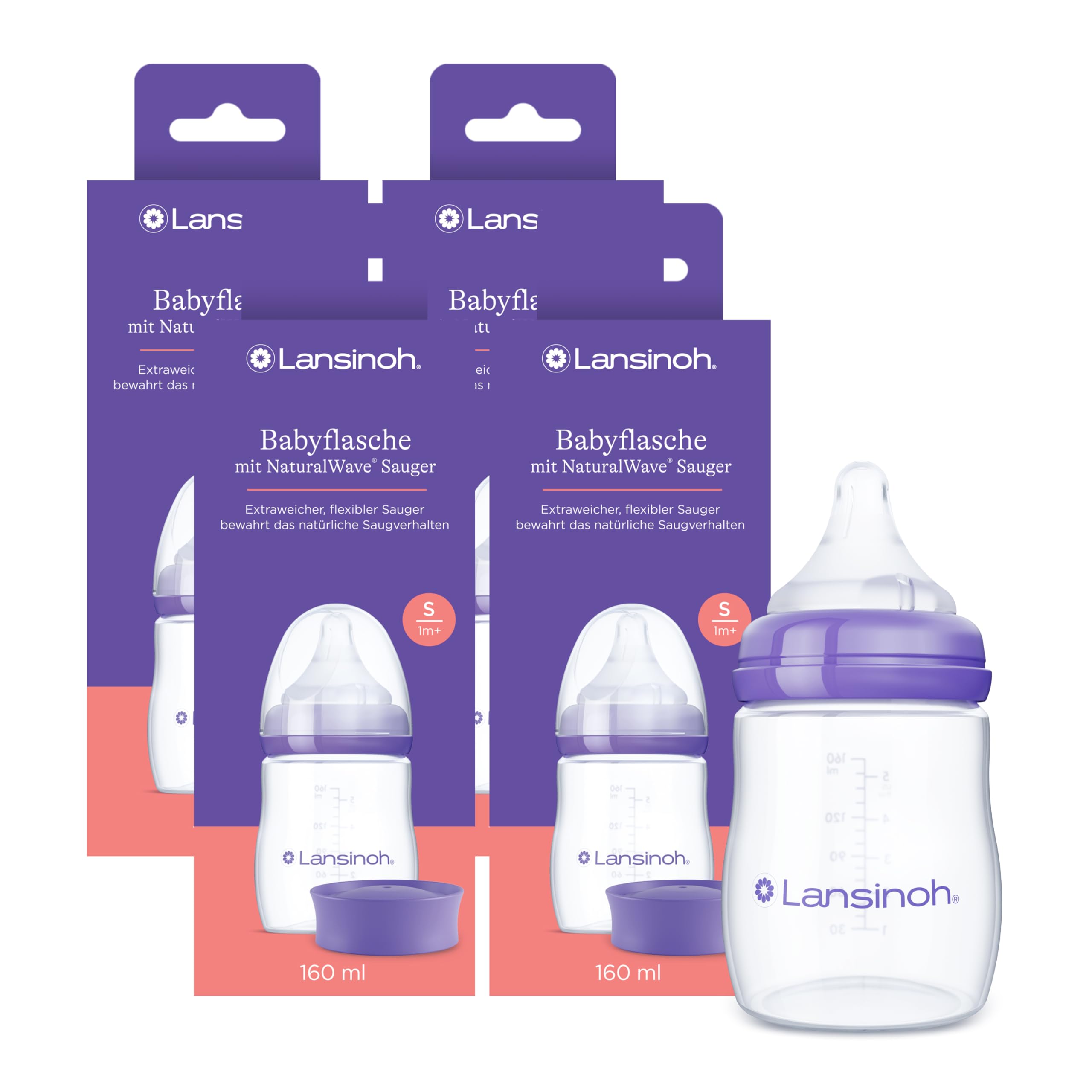 Lansinoh Babyflaschen Set mit NaturalWave Sauger Gr. S, 160 ml, 4er Pack - Babyflasche im neuen kompakten Design für verbesserte Stabilität - mit stapelbarem Deckel