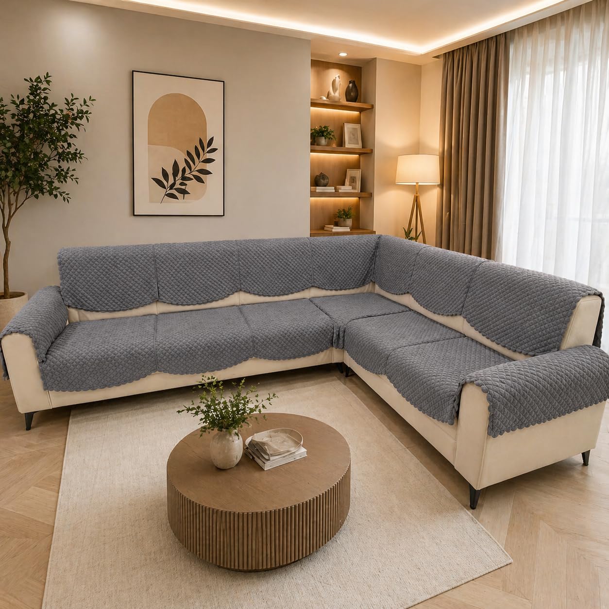 7 Seater Quilted L-Shape Sectional Sofa Cover, Grey, Velvet, Corner Couch Protector, Pack of 14-image-4