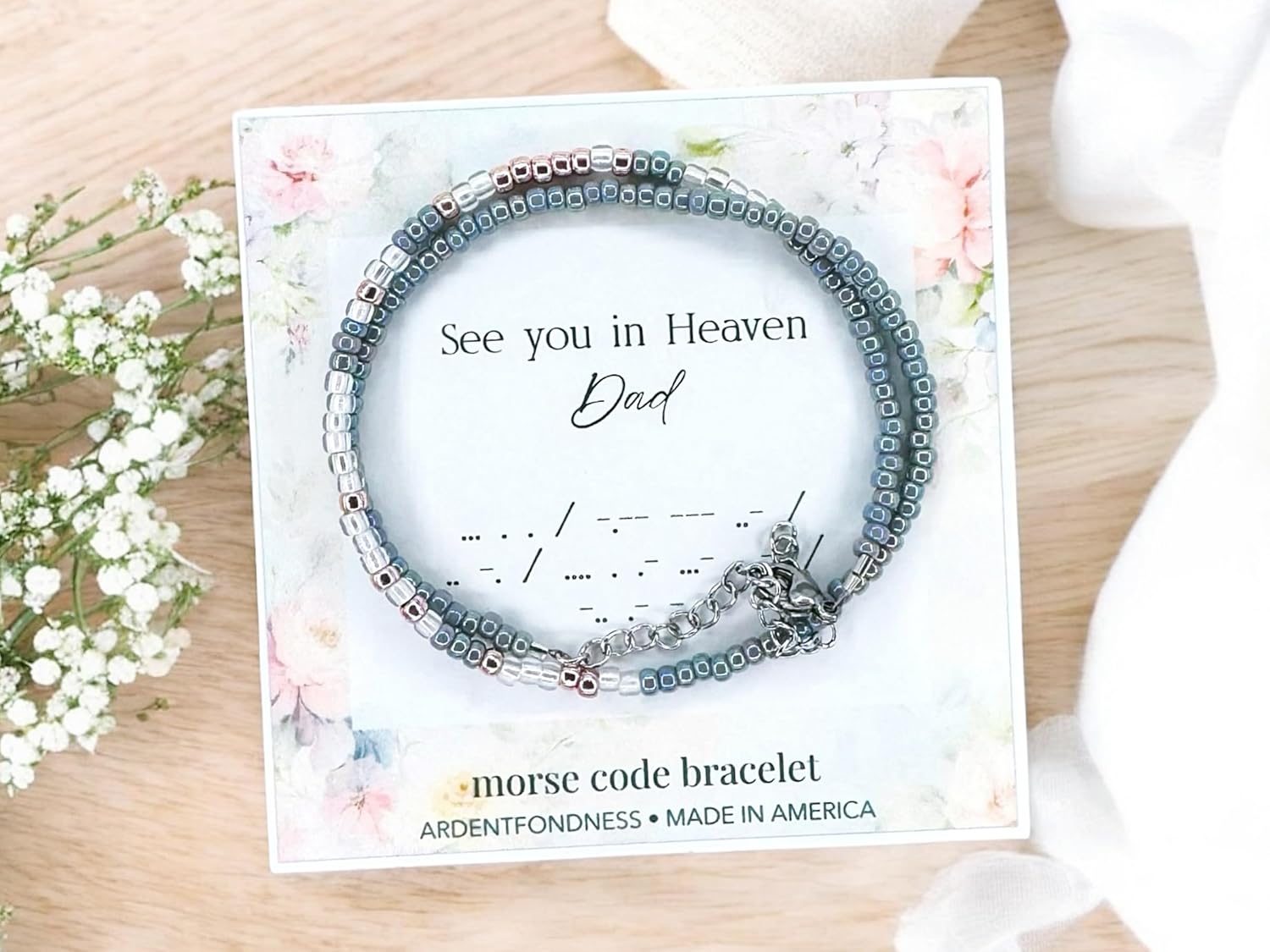 See You in Heaven Dad Morse Code Bracelet – Sympathy Gift for Loss of Father – Memorial Jewelry for Daughter or Son – Beaded Handmade Remembrance Gift