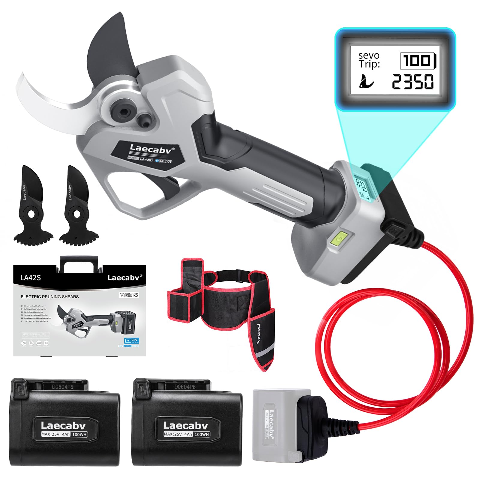 Laecabv Tijeras de Podar Eléctricas, 42mm Tijeras de Podar con Batería Profesional, Tijeras Rama Inalámbrico con Motor sin Escobillas, 2 Piezas Batería de Litio Recargable de 25V/4Ah (LA42SGYBK)