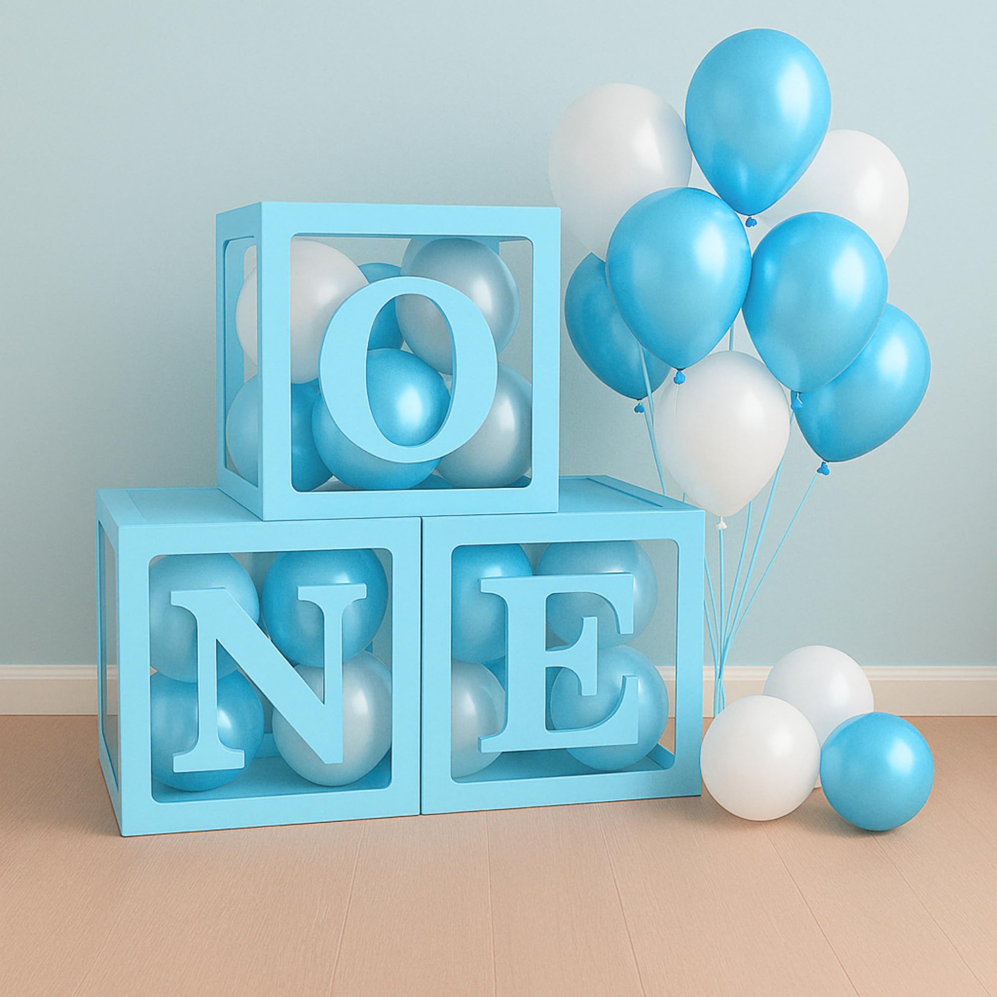 One Balloon Box for 1st Birthday Decoration Baby Boys Kids Twins Year Transparent Plain Letter 30 Pcs Sky Blue White Balloon 3 Pcs Blue Box Glue Dots Arrangement Set Items Kit-image-37