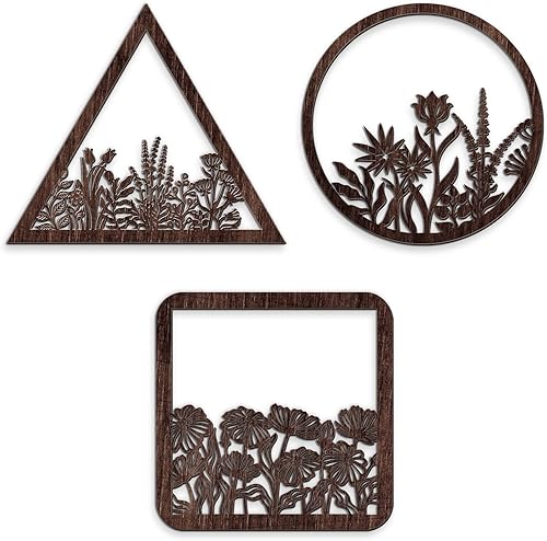 Blulu 3 piezas de arte de pared de madera con frontones de madera sagrados, arte bohemio de madera, decoración floral minimalista floral colgante