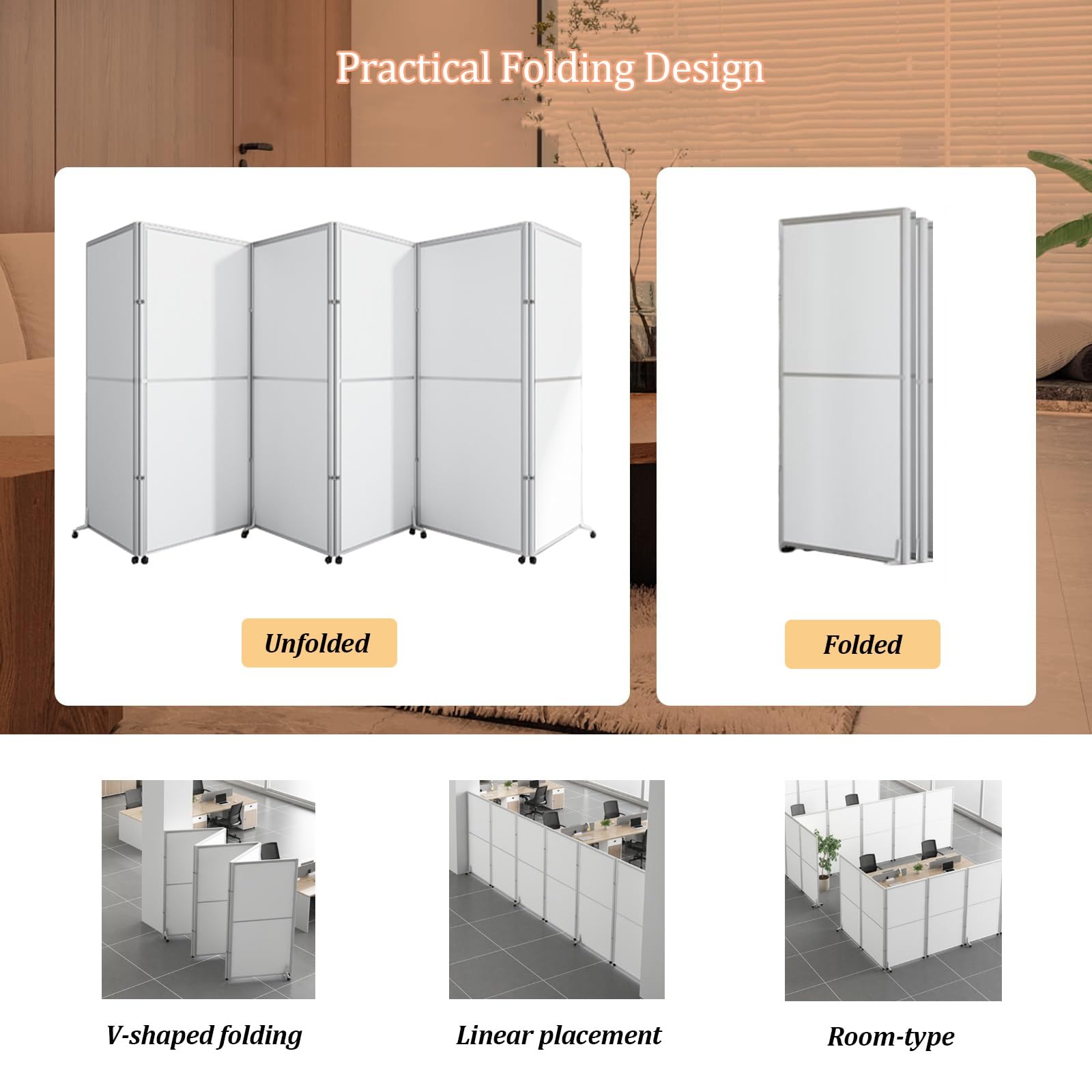 Separador de ambientes plegable portátil con ruedas bloqueables para separación de espacios interiores