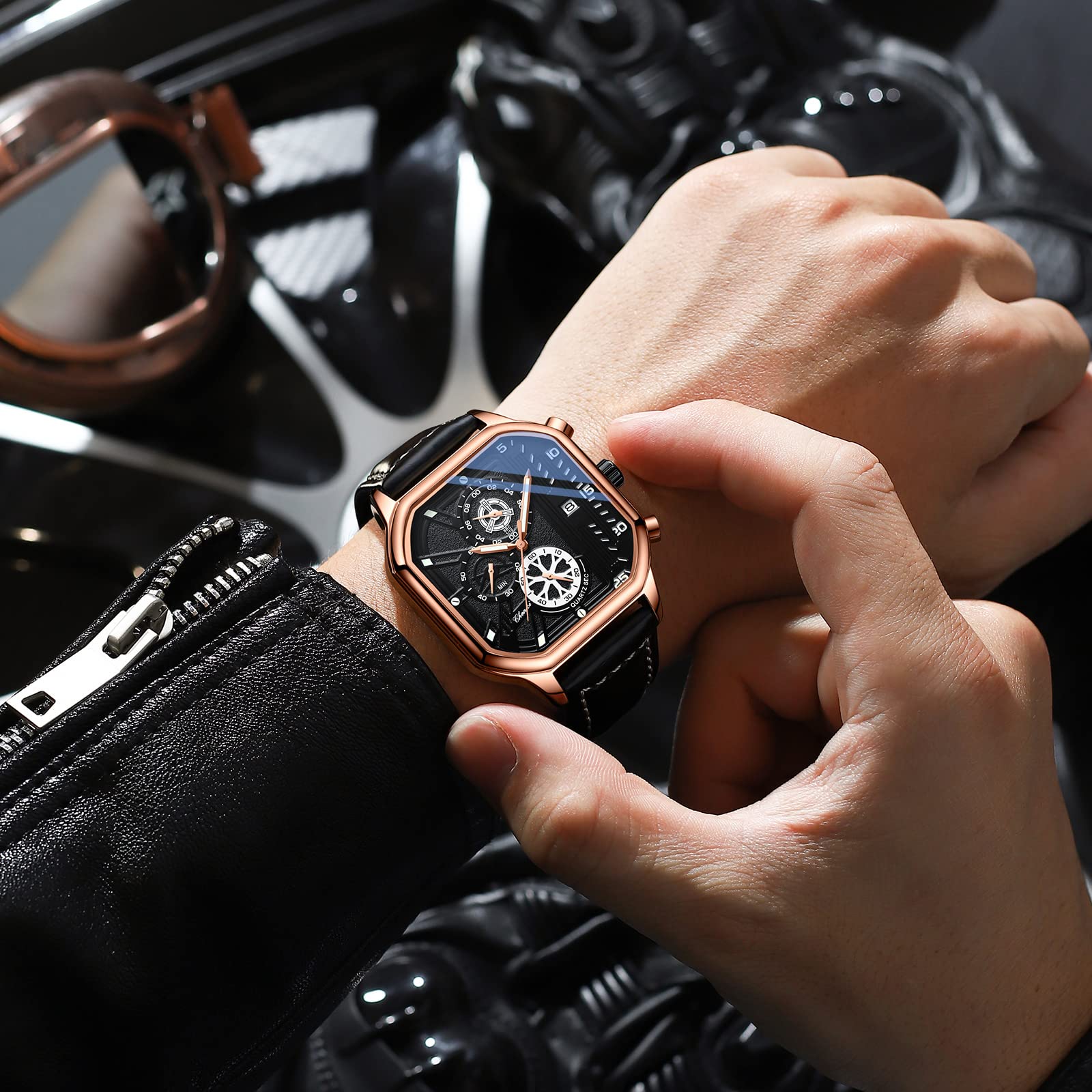 JewelryWe Zegarki dla mężczyzn kwadratowe analogowe świecące wskazówki kwarcowy kalendarz zegarek fajny skórzany pasek zegarek na rękę, 2 sztuki