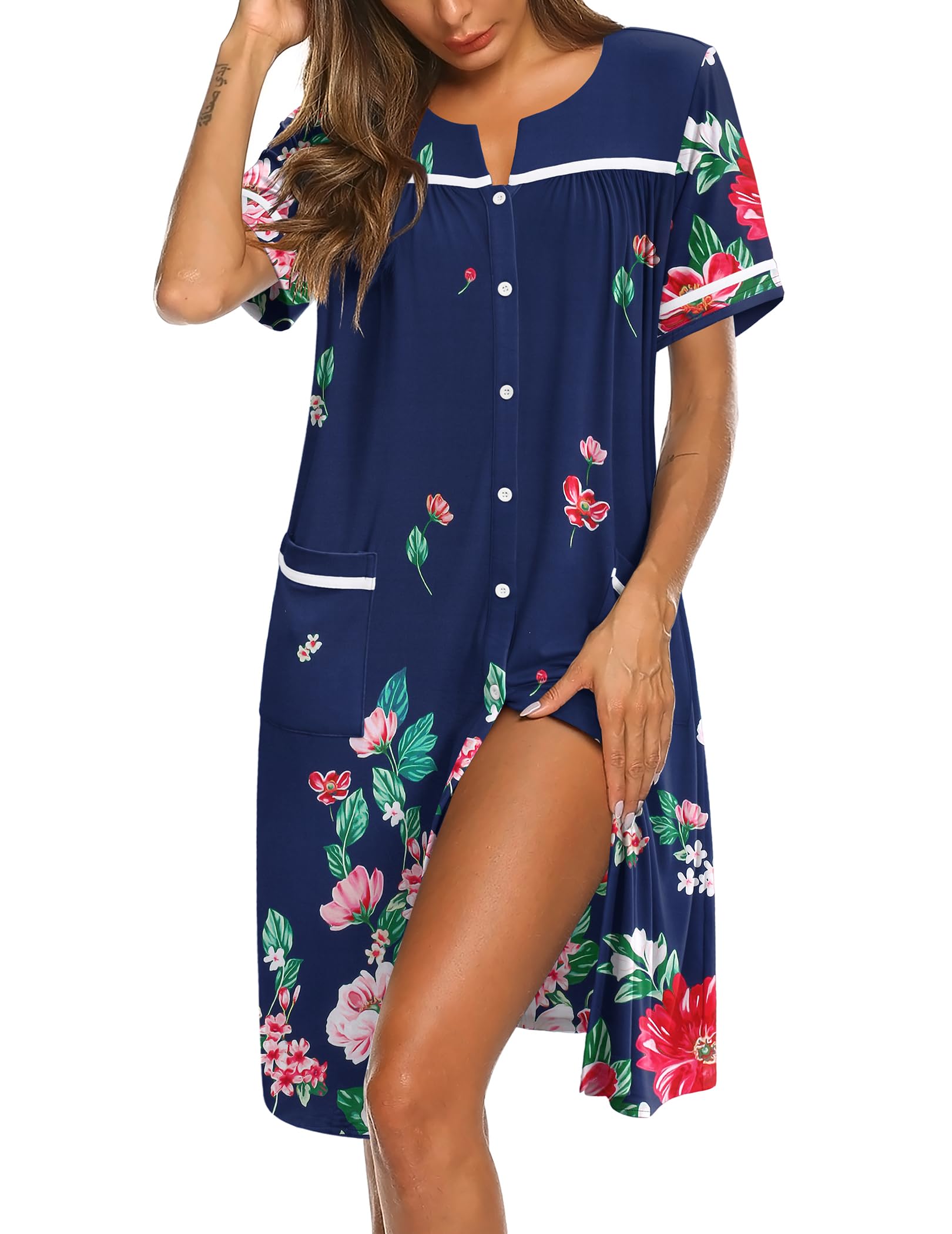 Ekouaer Nightgowns for Women House Dress with Pockets Button Down Sleepshirt Short Sleeve Nightshirt Housecoat S-XXXL
