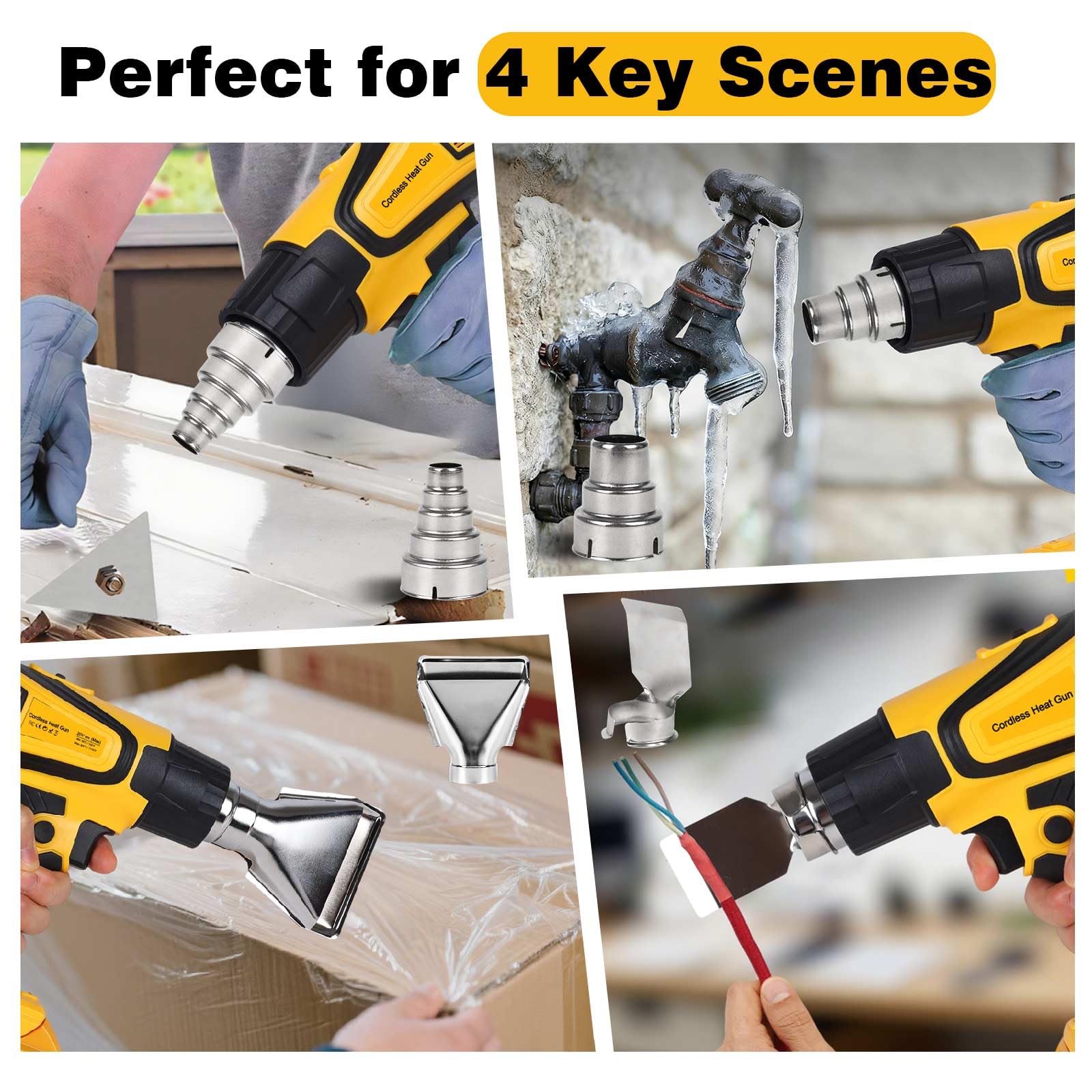 Kabellose Heißluftpistole, 350 W, kompatibel mit Dewalt 20 V Akku, einstellbare Temperatur 48,9 °C – 598,9 °C, LED-Licht, tragbare Heißluftpistole, LCD-Digitalanzeige und 4 Düsen für Schrumpfschläuche