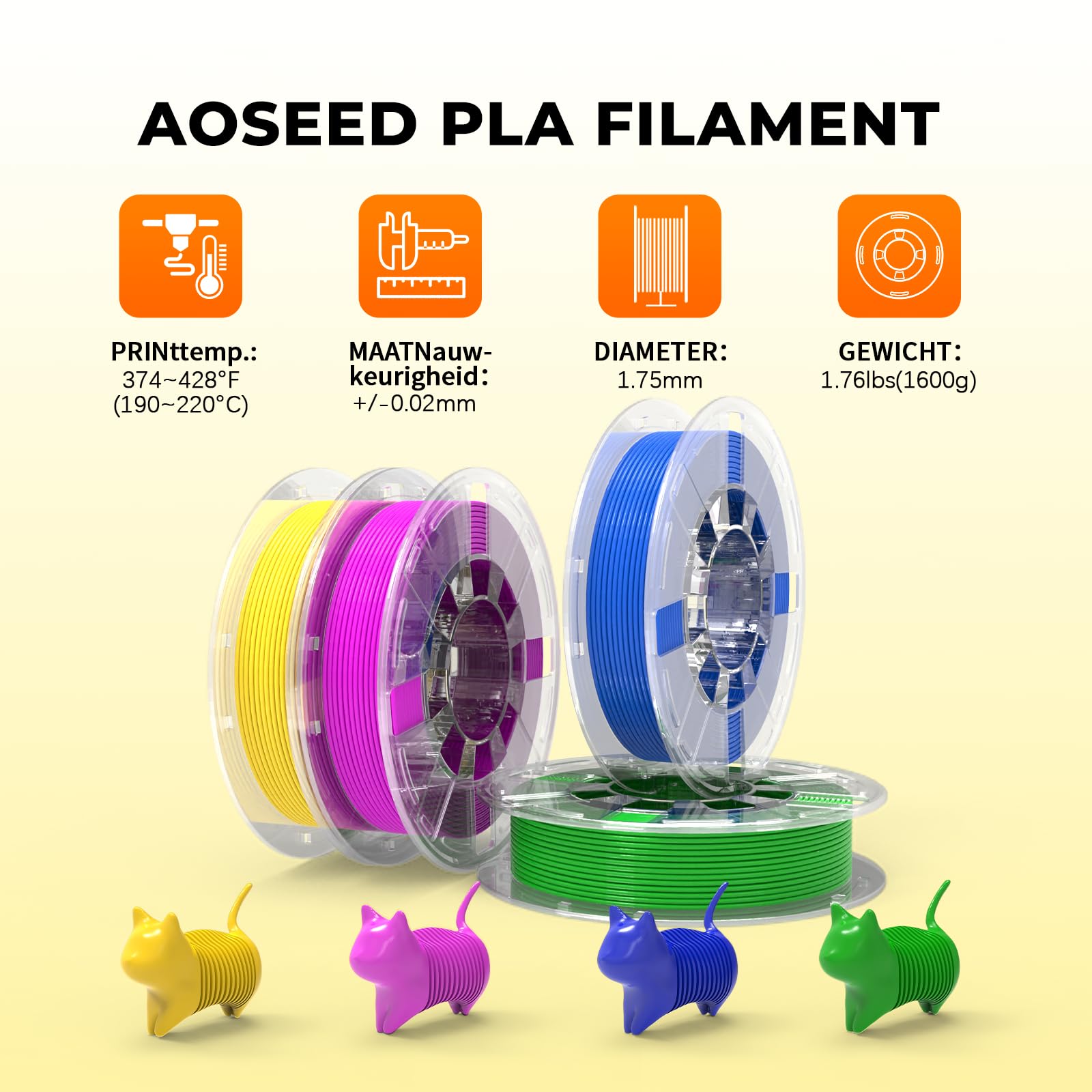 Paquete de material de impresora 3D PLA, 1.75mm (± 0.03 Mm) púrpura, verde, azul y amarillo material - 200 gramos (0.44 libras) x 4 piezas, adecuado para impresoras 3D compatibles