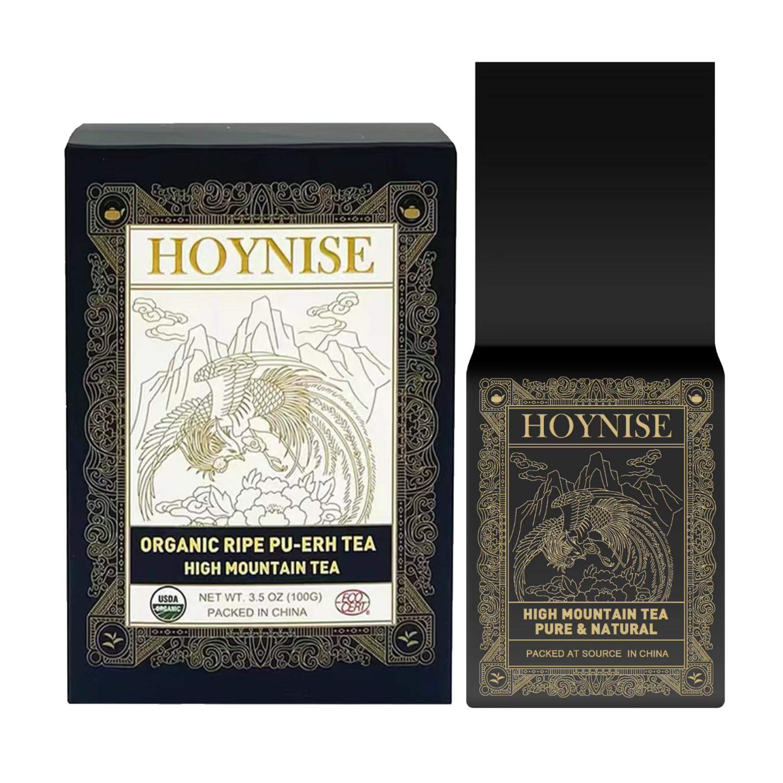 HOYNISE - Organic Pu erh Tea Loose Leaf - Chinese Yunnan Ancient Tree Puerh Tea - Fermented Ripe Puer Tea Loose Leaf - High Mountain Grown, 100g/3.5oz Pu-Erh Tea