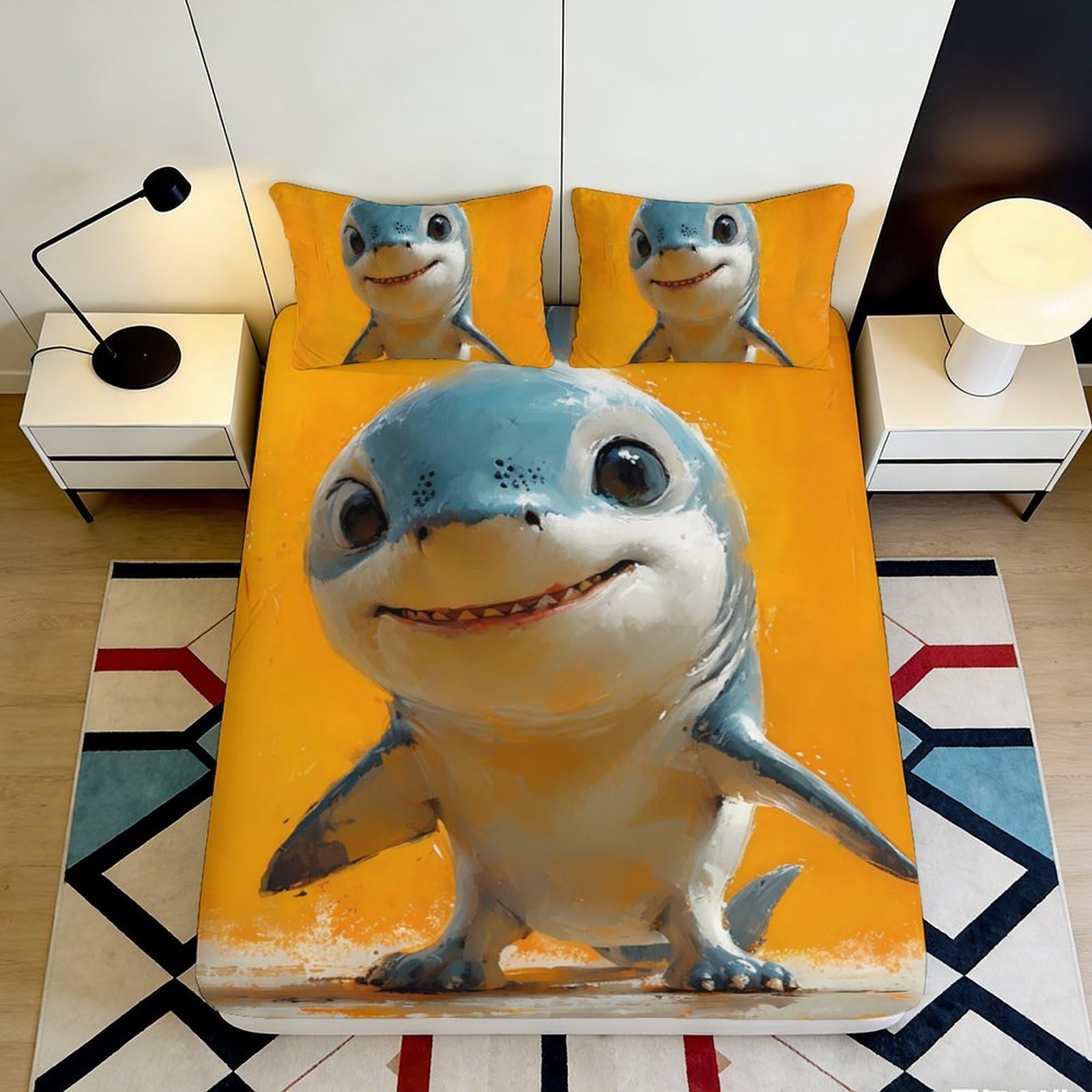 3D Printed Cartoon Shark Fitted Sheet Microfiber Non-Slip Deep Pocket Shark Mattress Fitted Cover Washable Bedding 200x200x25cm